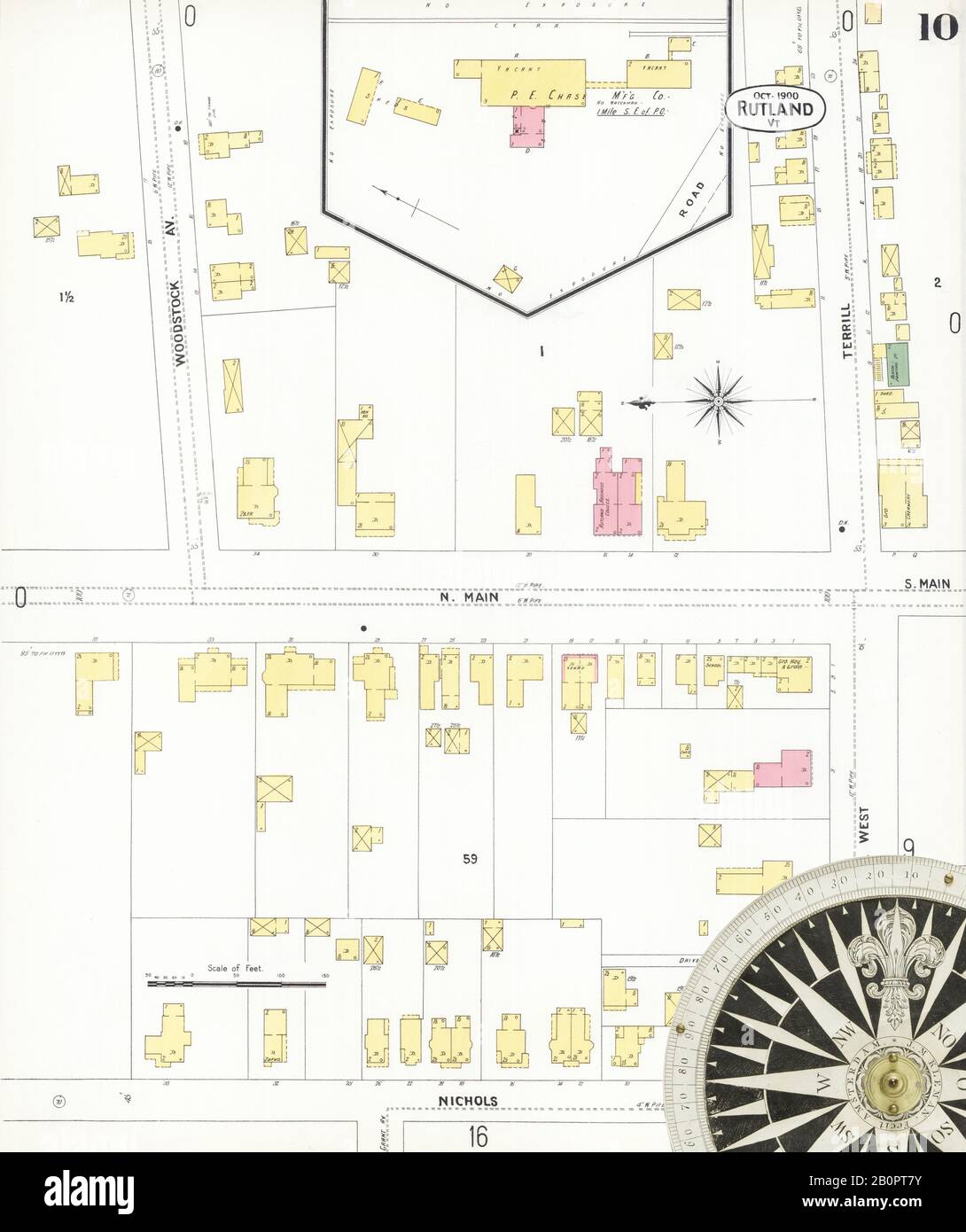 Bild 10 von Sanborn Fire Insurance Map aus Rutland, Rutland County, Vermont. Okt 1900. 20 Blatt(e), Amerika, Straßenkarte mit einem Kompass Aus Dem 19. Jahrhundert Stockfoto