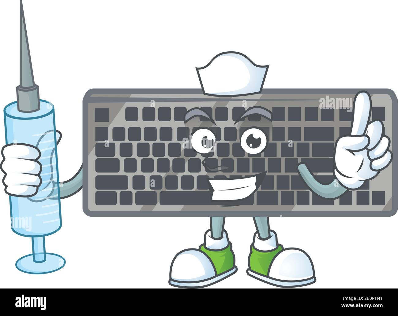 Smiley Nurse, schwarze Zeichentrickfigur mit einer Spritze Stock Vektor