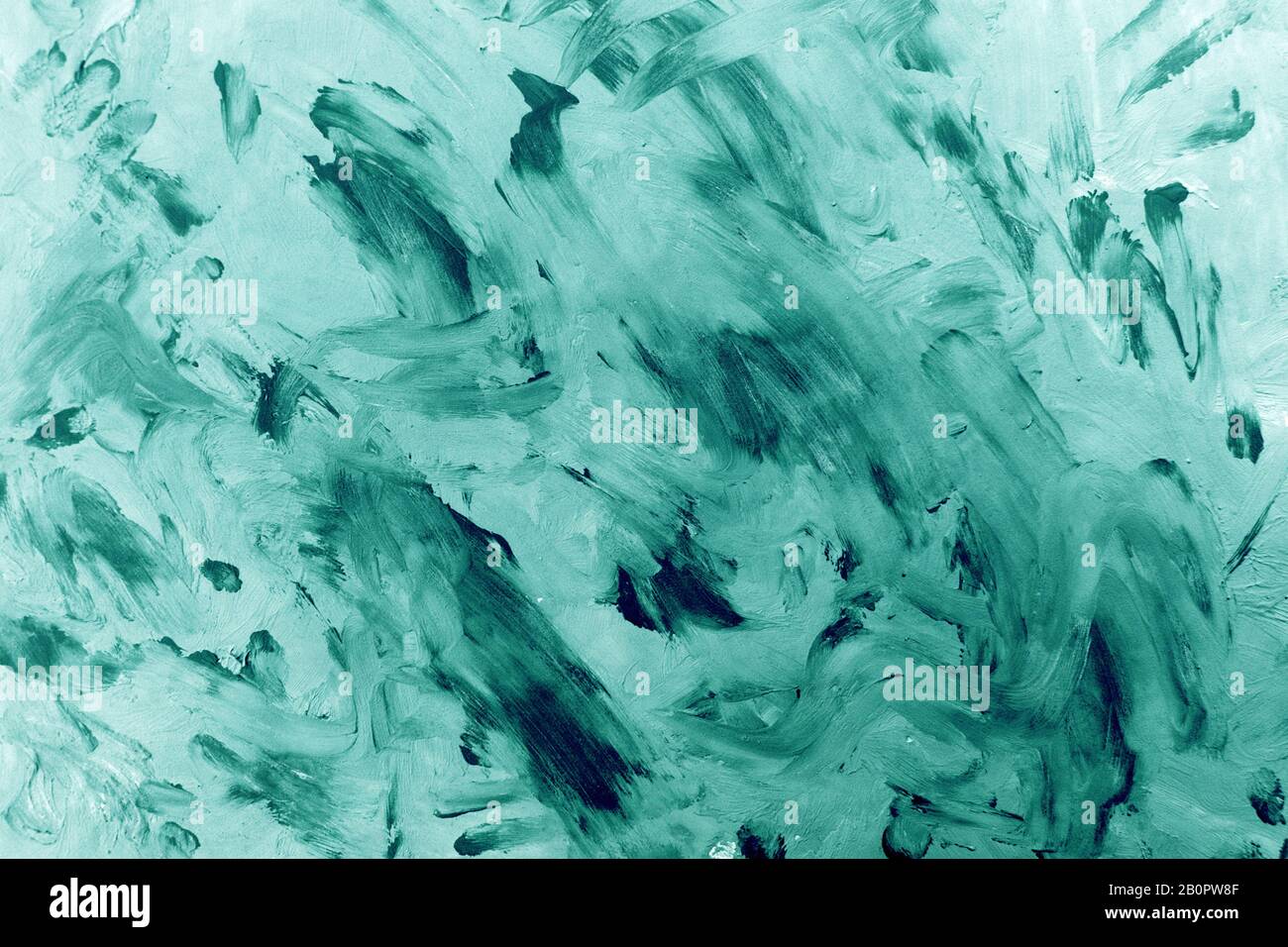 Hintergrund im Grunge-Stil. Smaragdfarbene Textur der Pinselstriche an der Wand, Leinwand. Stockfoto