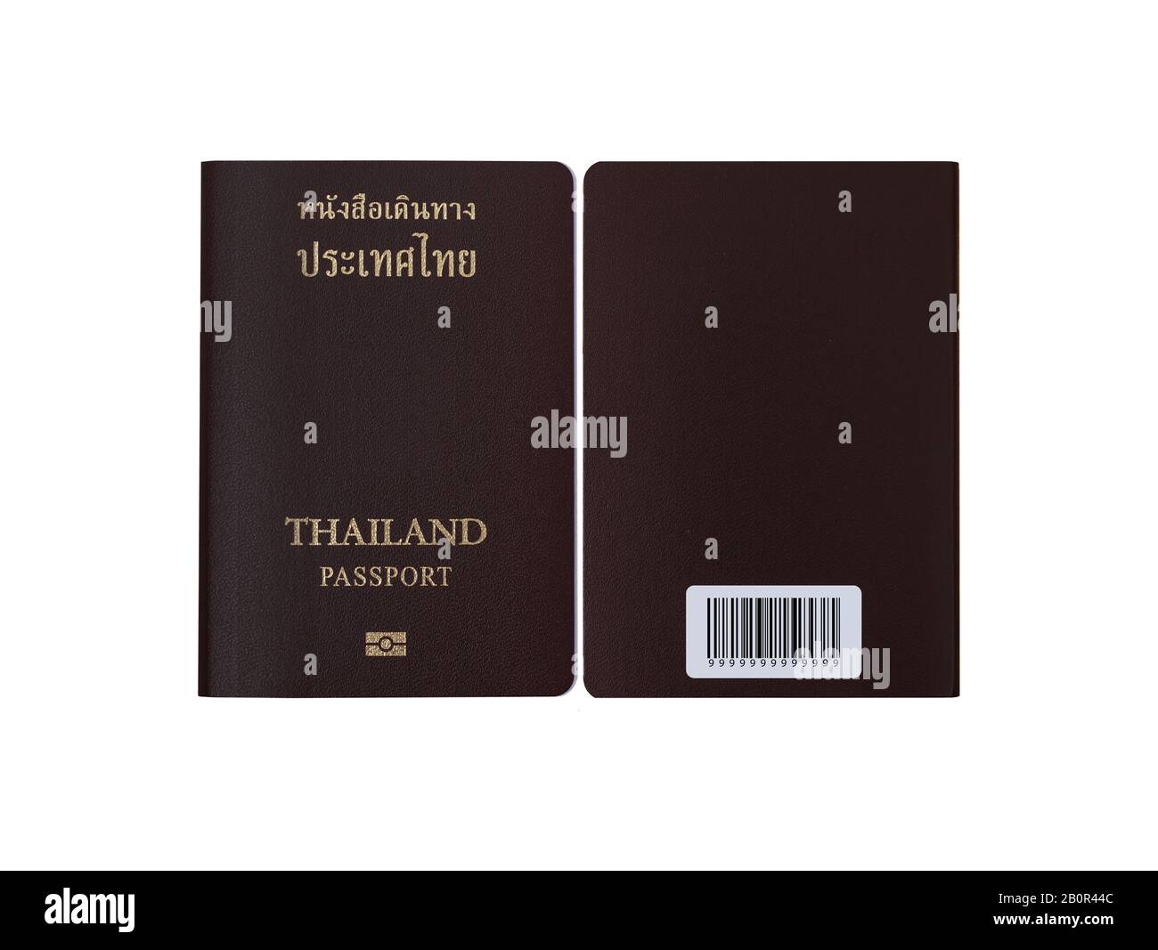 Thailändisches Pass-Vorder- und Rückseite isoliert auf weißem Hintergrund mit Beschneidungspfad. Konzept der Pass-, Reise- und Einwanderungsbehörde Stockfoto