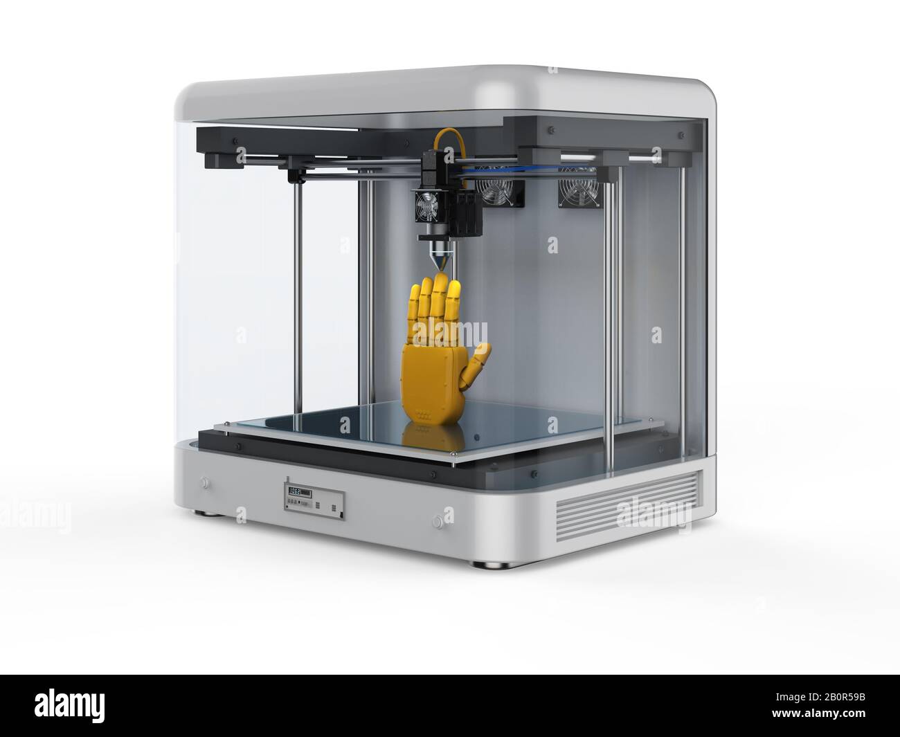 3D-Rendering-3D-Drucker mit Roboterhand Stockfoto
