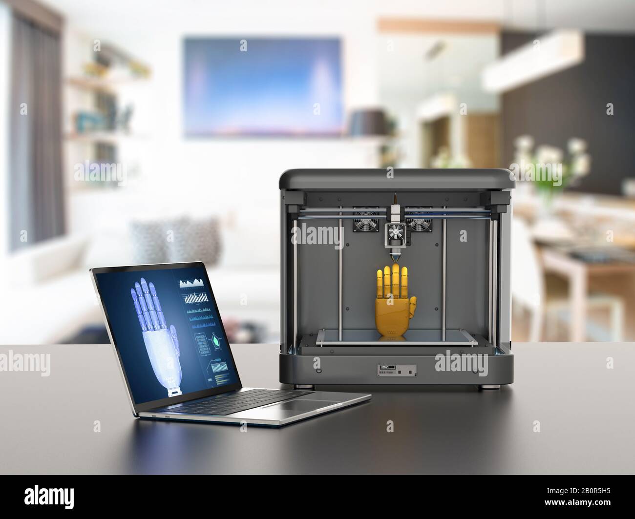 3D-Rendering 3D-Drucker - Roboterhand drucken Stockfoto