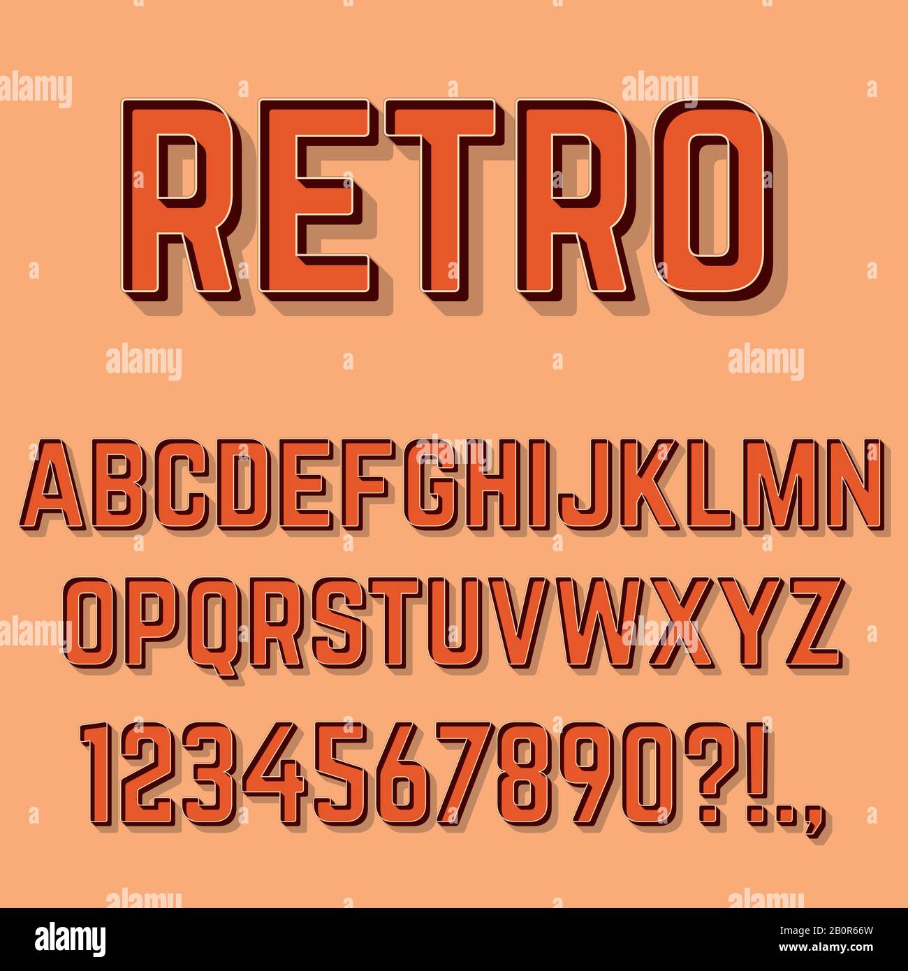 Buchstaben, Zahlen und Symbole des 3D-Alphabets im Retro-Format. Retro-Typografie . Vektor Stock Vektor