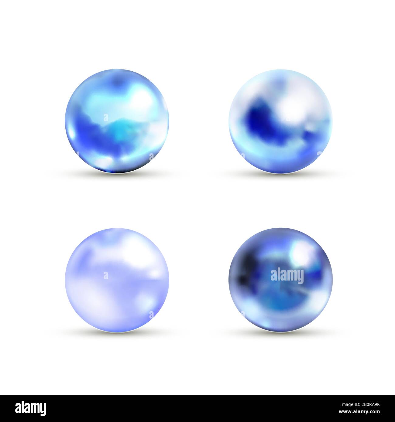Set von blauen glänzenden Marmorkugeln mit Blendung auf weiß Stock Vektor