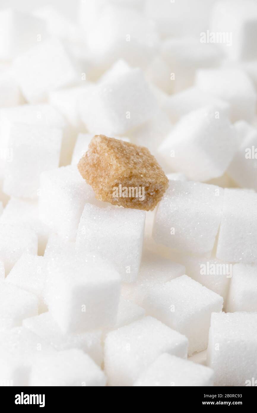 Nahaufnahme des Makrostudios mit einem braunen Zuckerklumpen auf weißen Zuckerwürfeln Stockfoto
