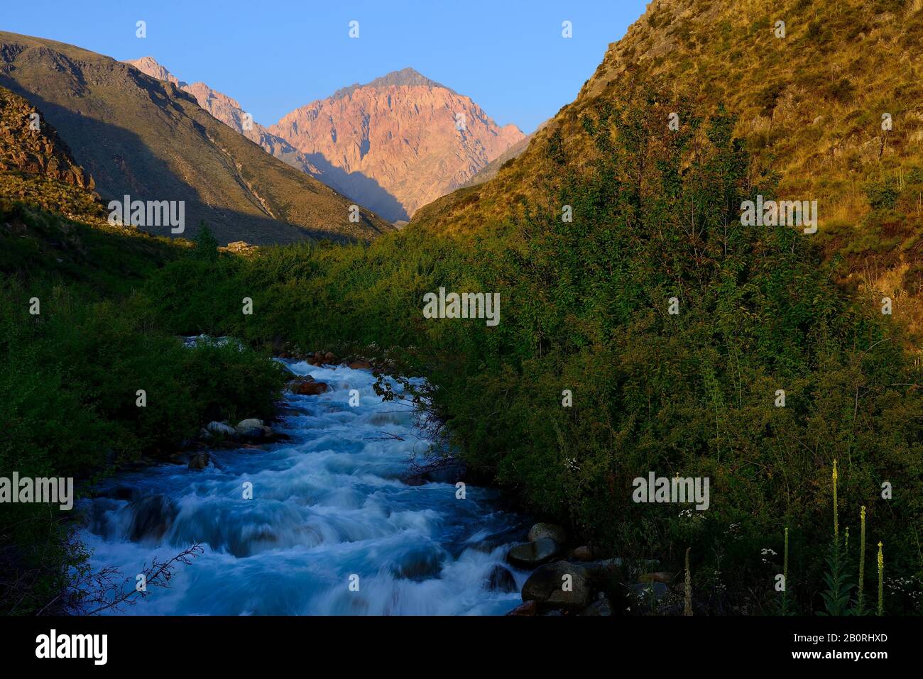 Morgensonne am Rio Tupungato, Valle de Uco, Provinz Mendoza, Argentinien Stockfoto