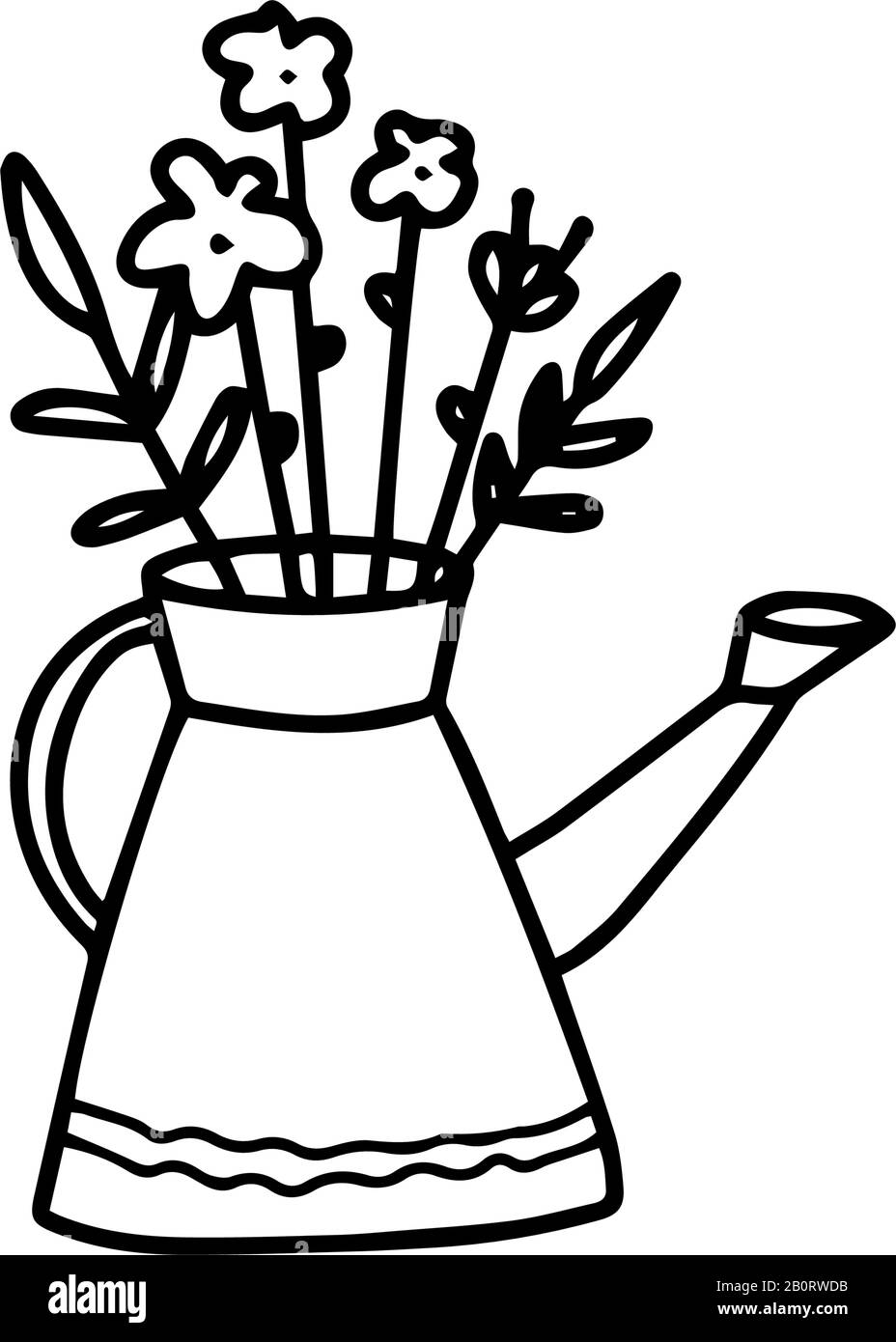Gießkanne mit Blumen in handgezeichneter Doodle, isoliert auf weißem Hintergrund. Abbildung der Vektorkonturen. Gartenelement signieren. Stock Vektor