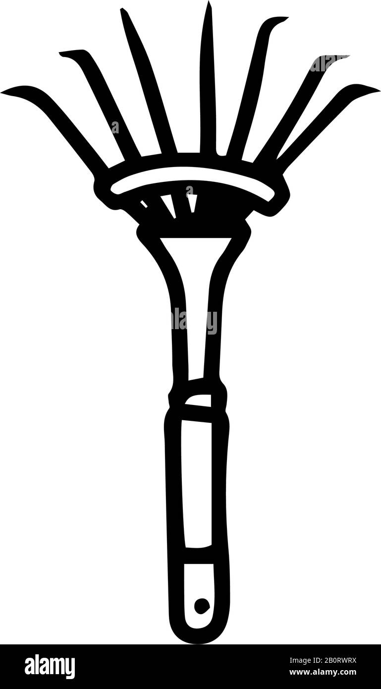 Kleiner Rechen in handgezeichneter Doodle-Form isoliert auf weißem Hintergrund. Vektor-Umriss-Aufmaßdarstellung. Zeichenwerkzeug Stock Vektor