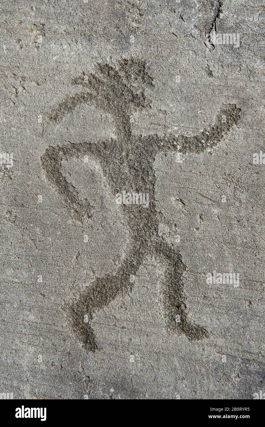 Petroglyph, Steinschnitzerei, eines Kriegers mit Kopfbedeckung. In der Eisenzeit zwischen 1000 und 1200 v. Chr. von den alten Camunni eingemeißelt. Rock Nr. 6, Foppi di Stockfoto