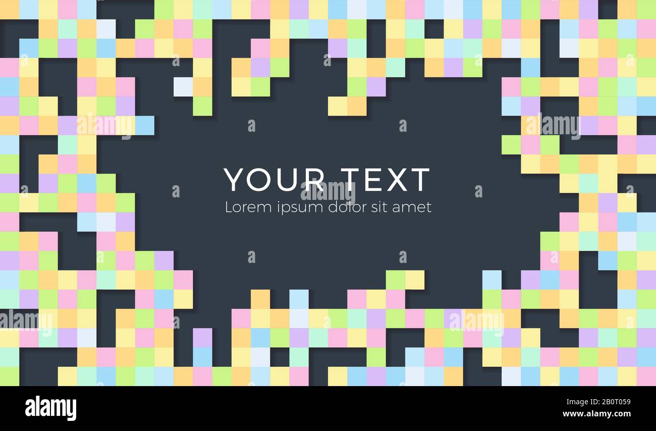 Abstrakter Hintergrund mit verstreuten Mosaikstücken. Nahtloser bunter Pixelhintergrund mit Platz für Text. Stock Vektor