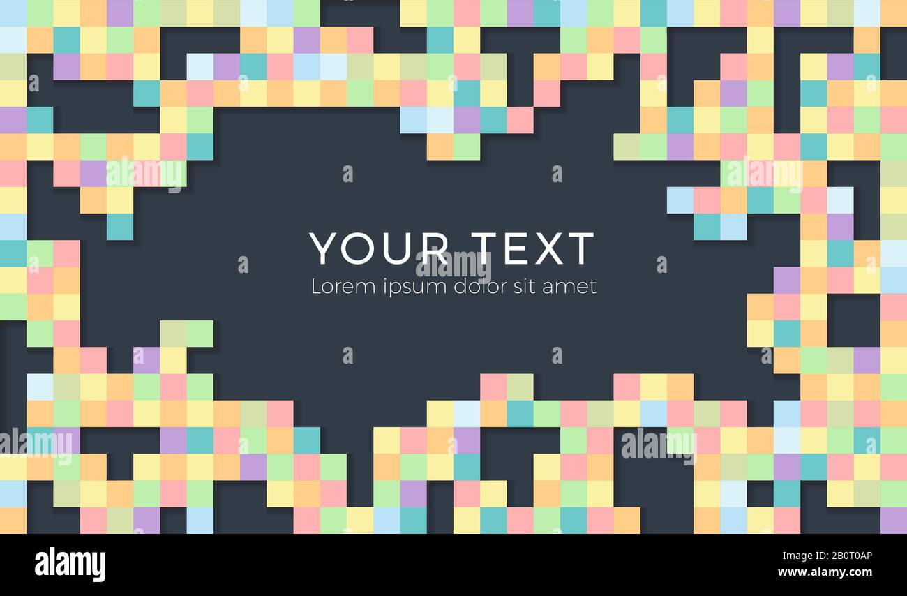 Abstrakte Darstellung des Pixelhintergrunds. Nahtloser bunter Quadrate mit Schatten und leerem Textbereich. Stock Vektor