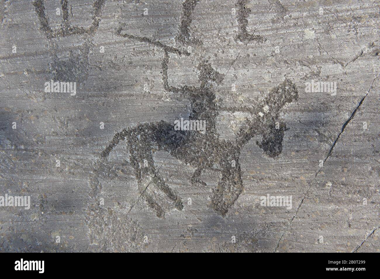 Petroglyph, Felsschnitzerei, eines Kriegers zu Pferd mit einer viereckigen Axt und von den alten Camuni-Leuten in der Eisenzeit zwischen 900 und 1 gehauen Stockfoto