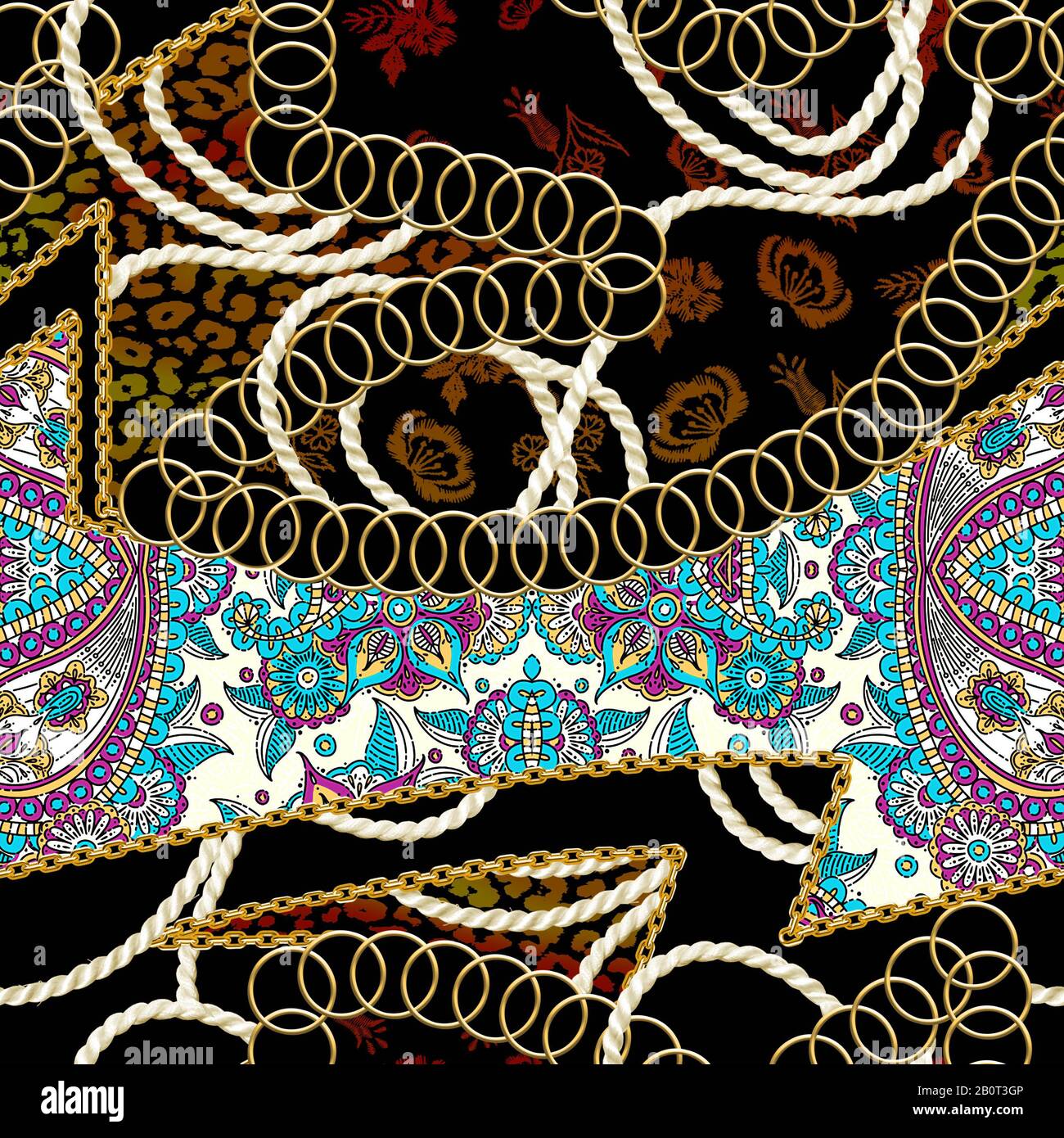 Nahtlose Goldketten, Blumen, Struktur der Leopardenhaut, Seil, ethnisches Muster auf schwarzem Hintergrund. Fabric-Druck. Modedesign. - Abbildung Stockfoto