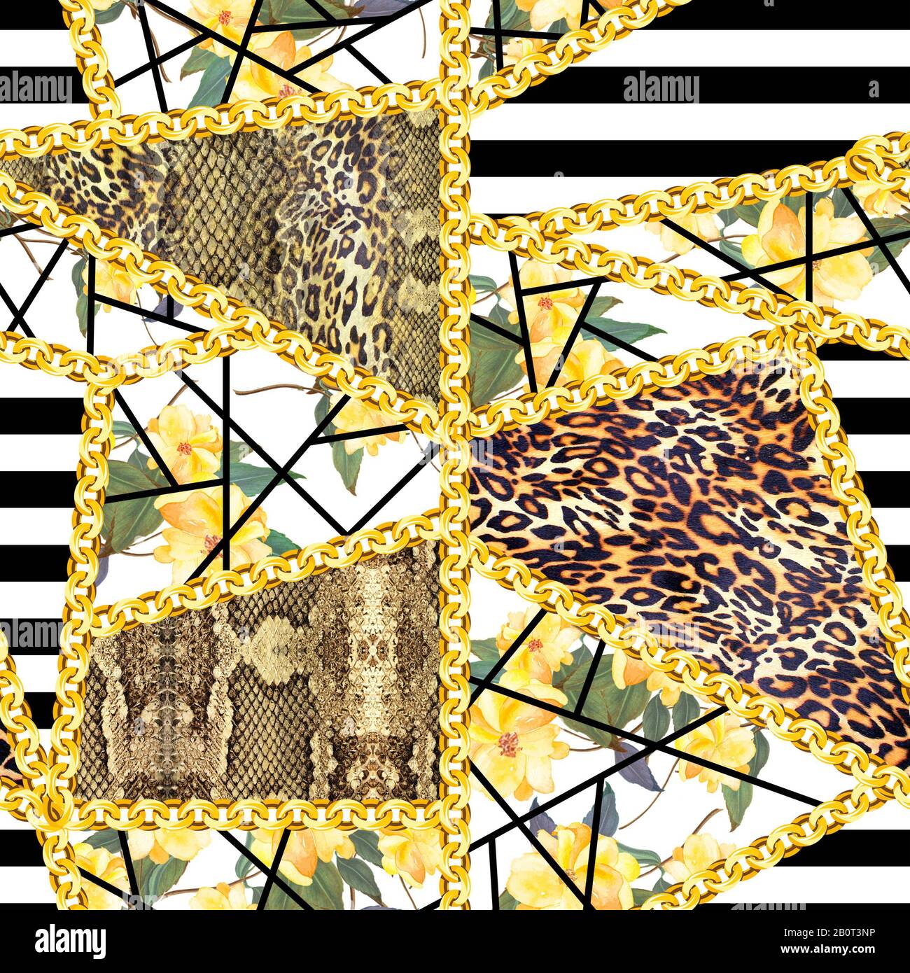 Tiere Hauttextur mit gelben Blumen und goldenen Ketten auf schwarzem Streifen Hintergrund. Nahtloses Modemuster. - Abbildung Stockfoto