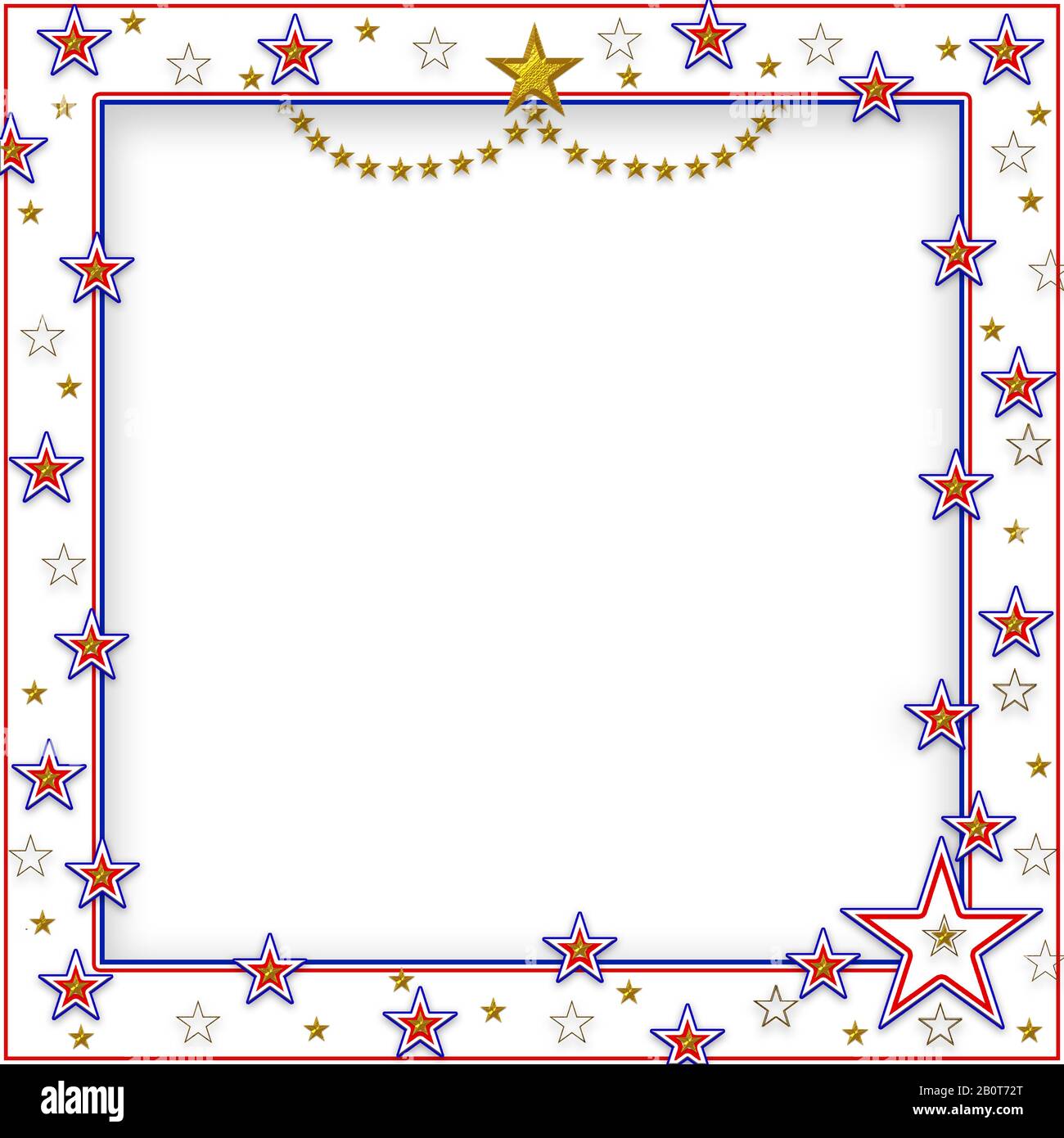 Patriotischer US-Grafikrahmen mit Mittelteil für Text. Sterne in Rot, Weiß und Blau mit Kunstgold. Hintergrund. Stockfoto