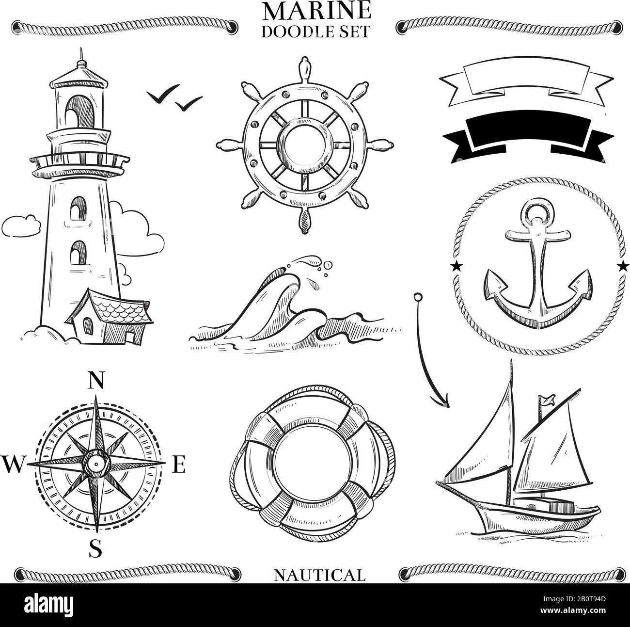 Seilrahmen, Boote, Marine Knoten, Anker nautische Vektor-Doodle Set. Kompass und Schiffsboot segeln, Illustration des nautischen Schiffes Stock Vektor