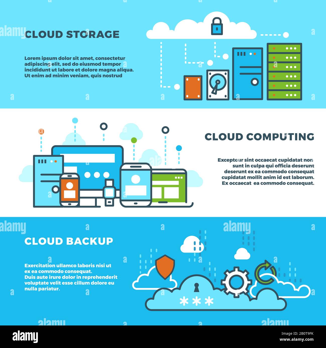 Cloud Computing-Lösung, Geschäftsservices für Datenspeicherung, Vektorbanner für Informationstechnologie. Cloud-Storage-Banner-Konzept, Abbildung von Cloud-Backup und -Computing Stock Vektor