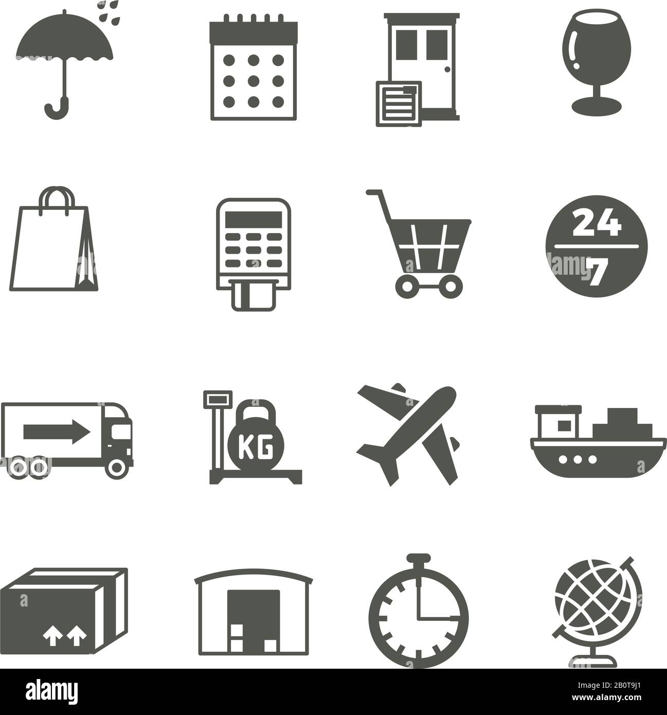 Symbole für globale Lieferung, Versand von LKW und Paketvektor. Lieferung und Verteilung, Lager- und Lastkraftwagen, Versand- und Logistikdienst-Illustration Stock Vektor