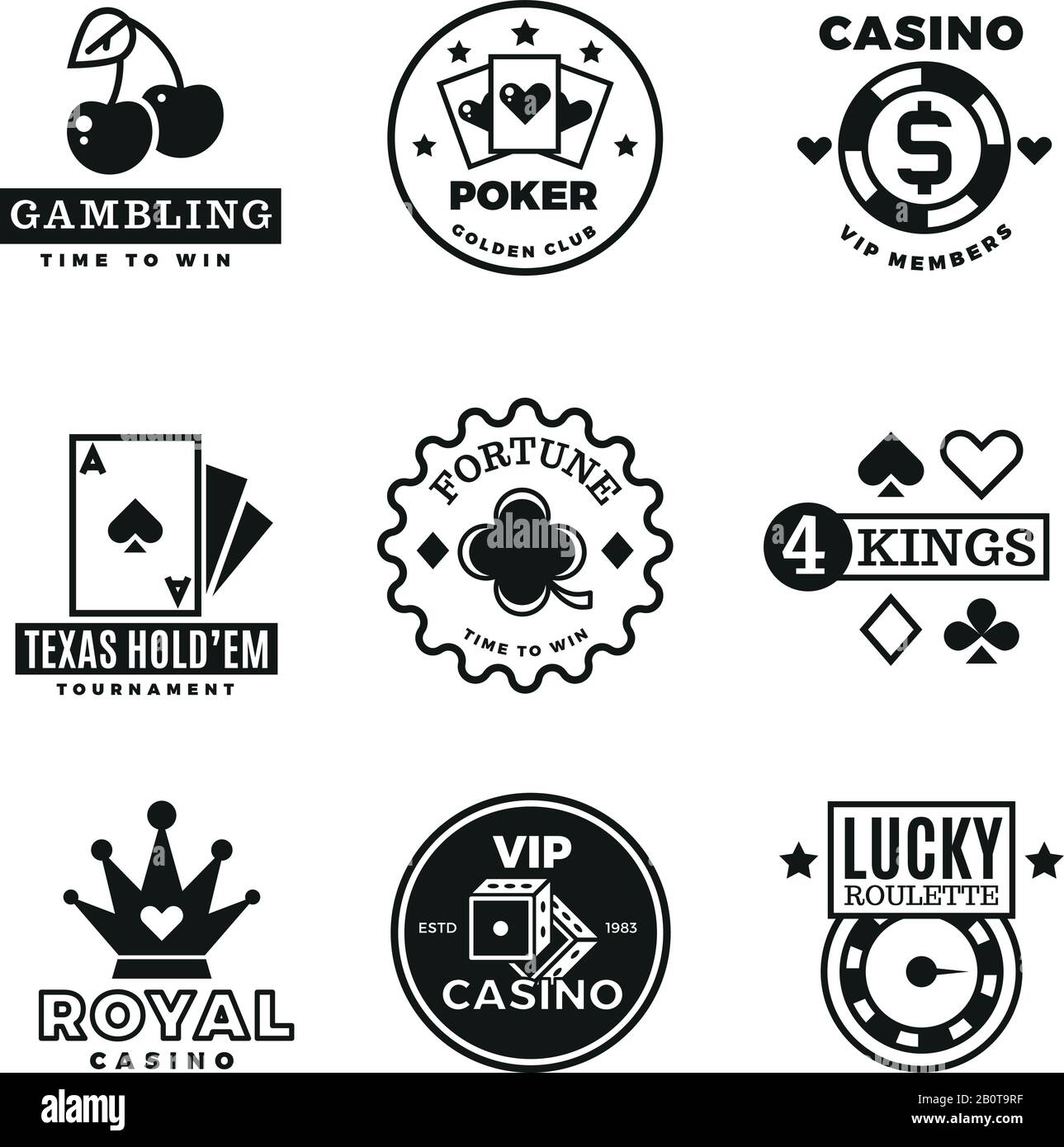 Vintage Glücksspiel, Casino, Poker Royal Turnier, Roulette Vektor Etiketten, Embleme, Logos und Abzeichen. Pokerspiel-Logo, Abbildung des Gamble Game-Emblems Stock Vektor