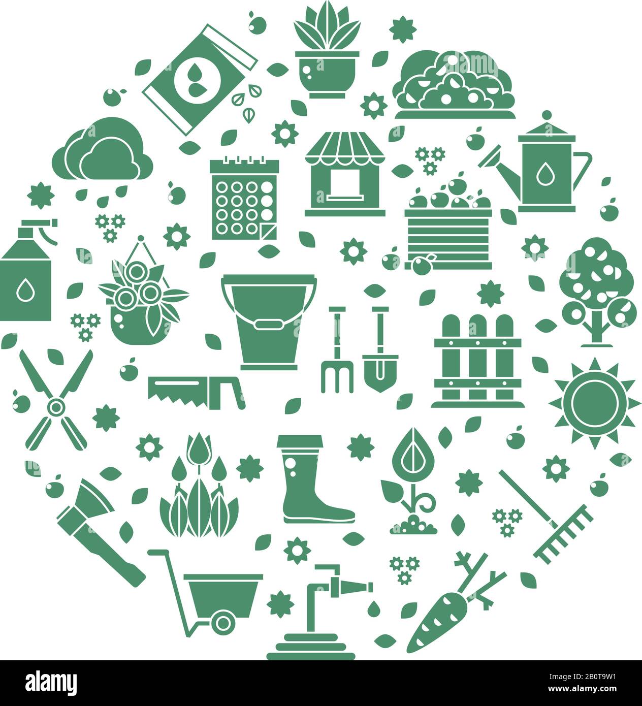 Gartenvektor-Logo mit Garten-Tools-Symbolen. Grüne Silhouettenwerkzeuge für die Landwirtschaft Gartenarbeit, Ausrüstung für Gartenillustration Stock Vektor