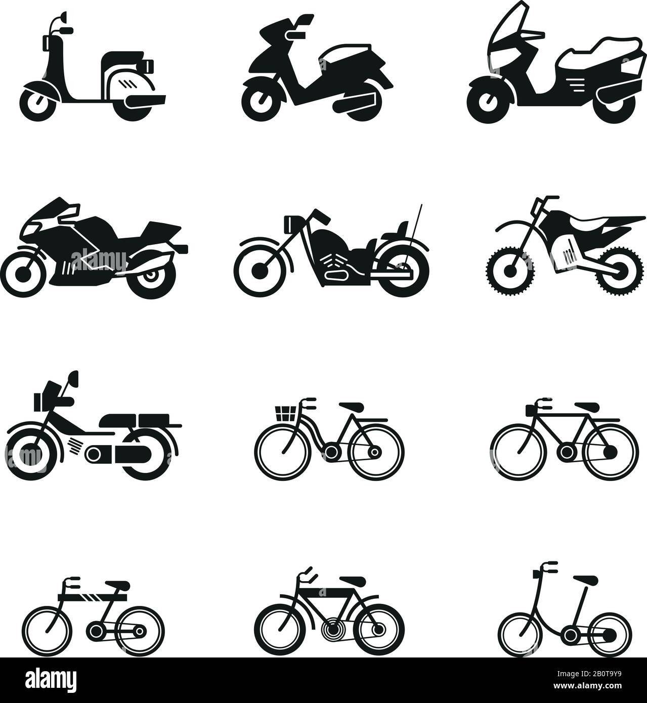 Symbole für Silhouette von Motorrad-, Motorrad-, Roller-, Chopper- und Fahrradvektoren. Abbildung von Motorrad und Motorroller mit Geschwindigkeit und Motorrad Stock Vektor