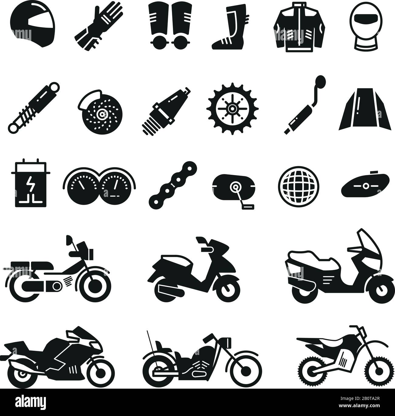 Rennmotorrad, Motorradteile und Vektorsymbole für den Transport. Schwarzes Silhouetten-Motorrad, Abbildung der Teile für Motorrad Stock Vektor