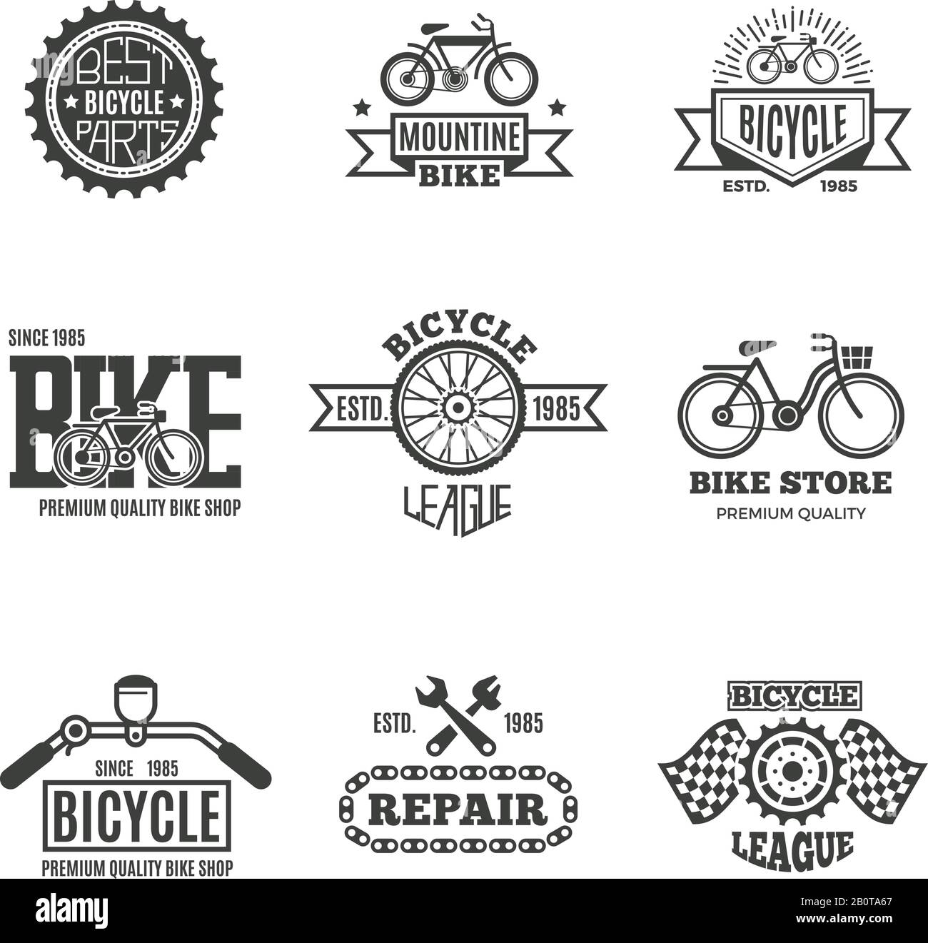 Bike-Shop, Fahrrad, Fahrradfahren Vintage Vector Labels, Logo, Abzeichen und Embleme. Fahrradladen und Ladenabzeichen Fahrrad-, Teile- und Reparatur-Illustration Stock Vektor
