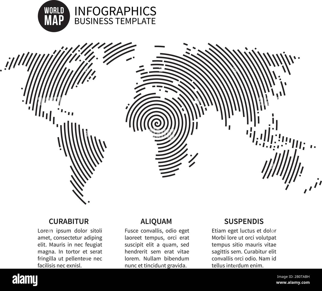 Weltkarte der Spirallinie. Abstrakter Geographie-Vektor-Hintergrund. Globuskarte mit Drallstreifen rund, Abbildung der Spirallinie des Kartenmusters Stock Vektor