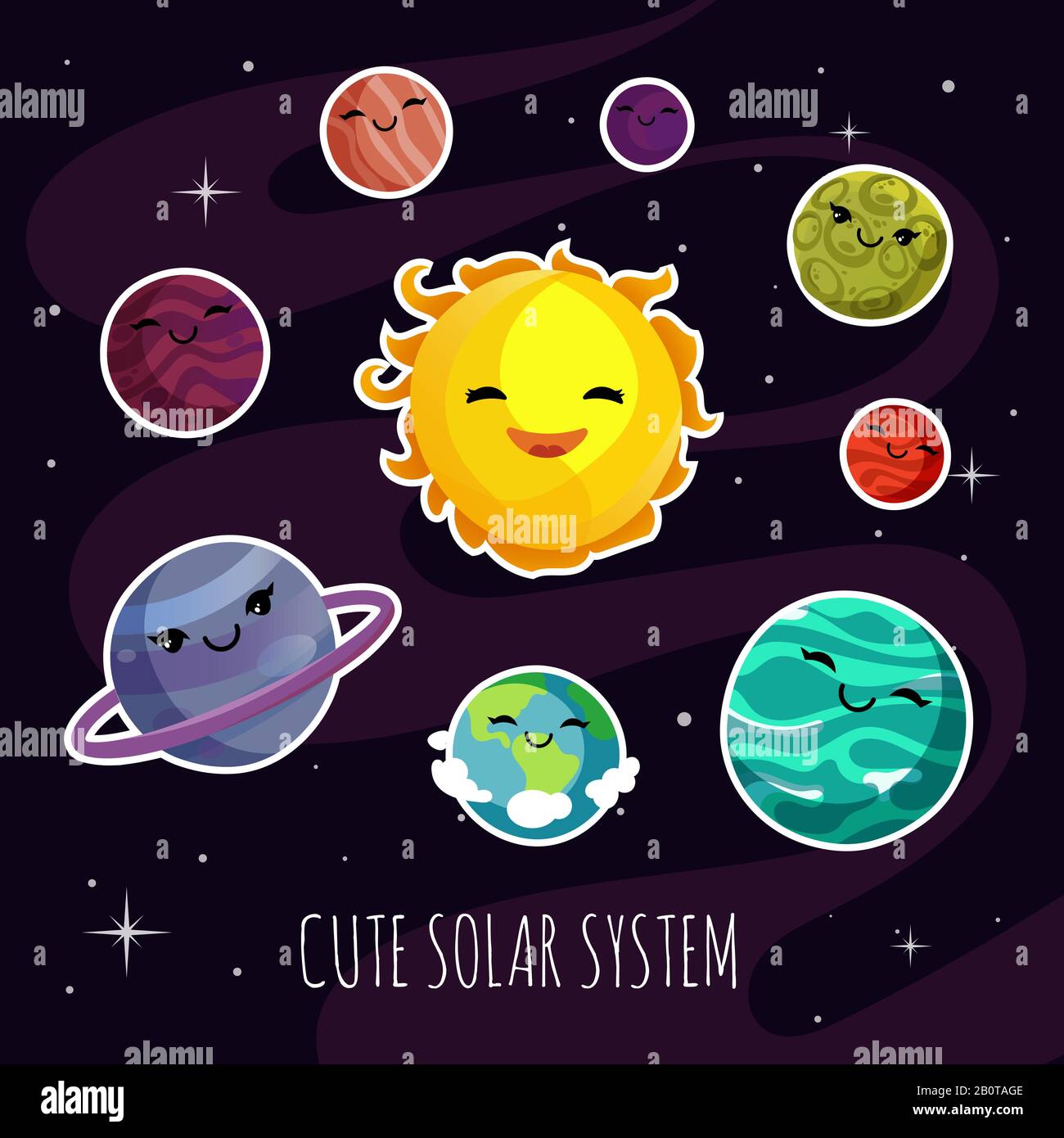 Niedliche und lustige Cartoon-Planeten-Aufkleber des Sonnenplanetensystems. Bildungsvektor für die Astronomie von Kindern. Satz farbiger Planeten in Galaxie, Abbildung von Zeichentrickplaneten Stock Vektor