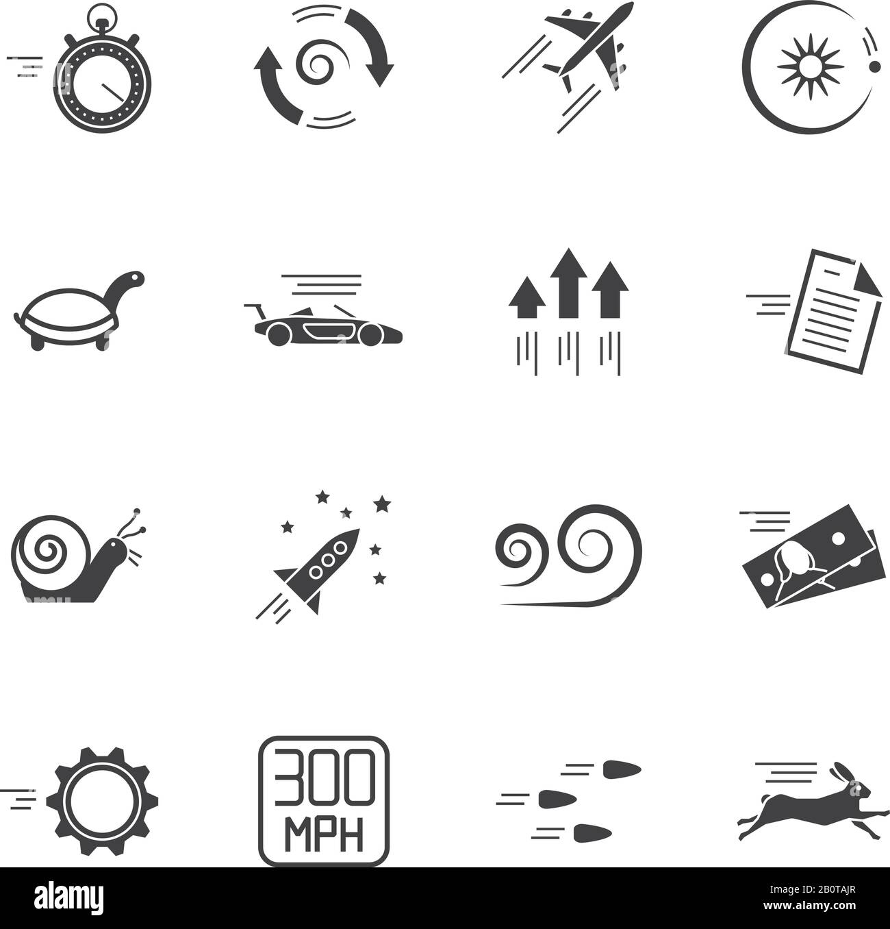 Symbole für Geschwindigkeit, Geschwindigkeit und Performance Vector auf weißem Hintergrund isoliert. Geschwindigkeitsmotorwagen und Abbildung von Geschwindigkeitsrakete, Schnecke und Schildkröte Stock Vektor