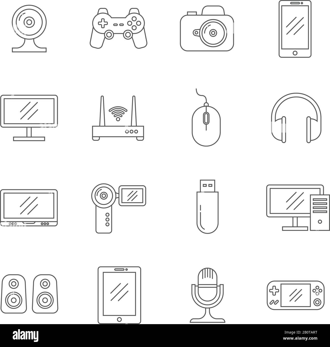 Minianwendungen und Computertechnologie - dünne Linienvektor-Symbole. Technische Geräte des Sets, Abbildung von Kopfhörern und Lautsprechern Geräte Gadgets Stock Vektor