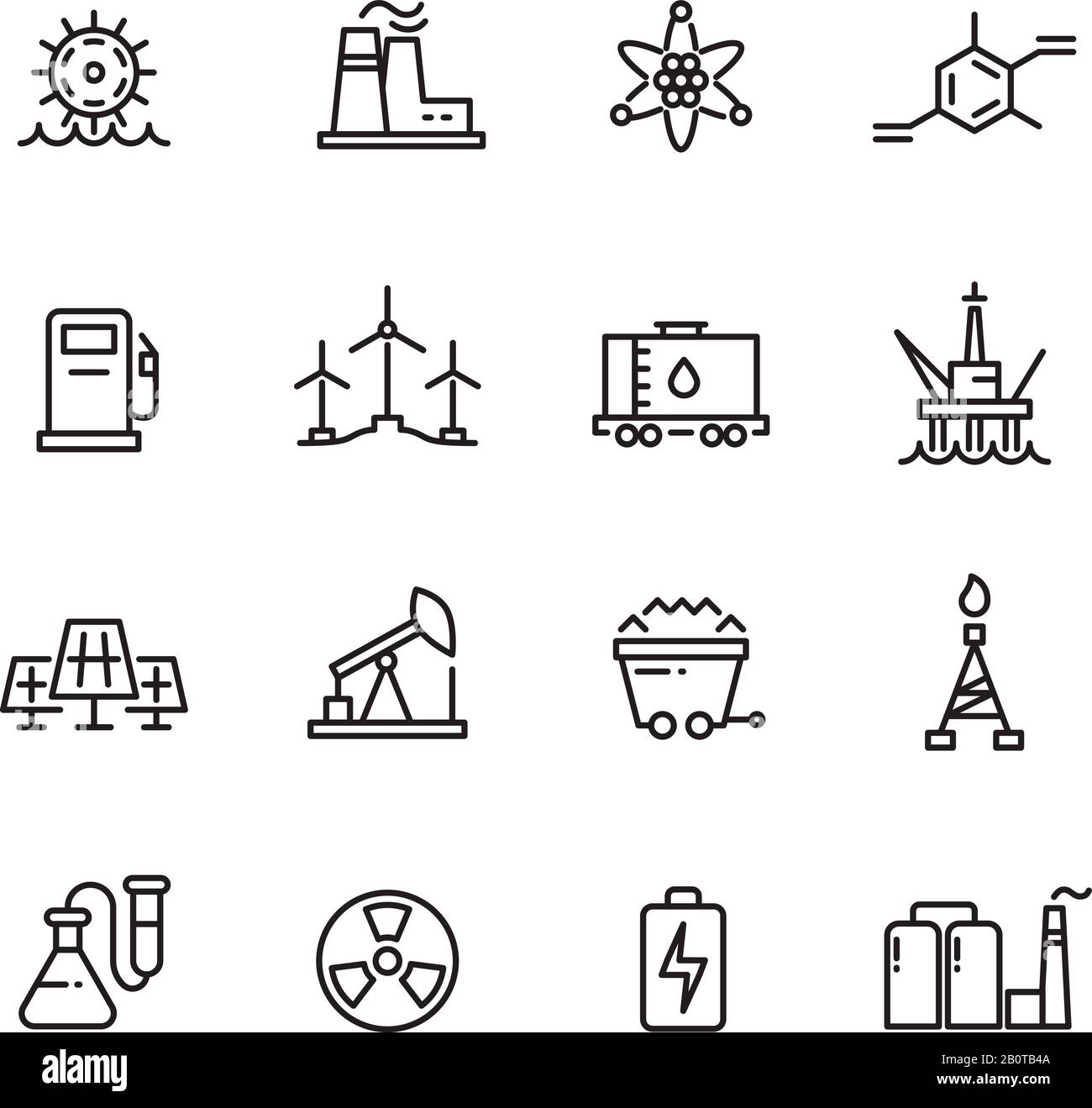 Energiewirtschaft und Energiefabrik moderne industrielle Vektorlinien. Satz von Power Electricity Factory, Abbildung der linearen Symbole für die Energieerzeugung Stock Vektor