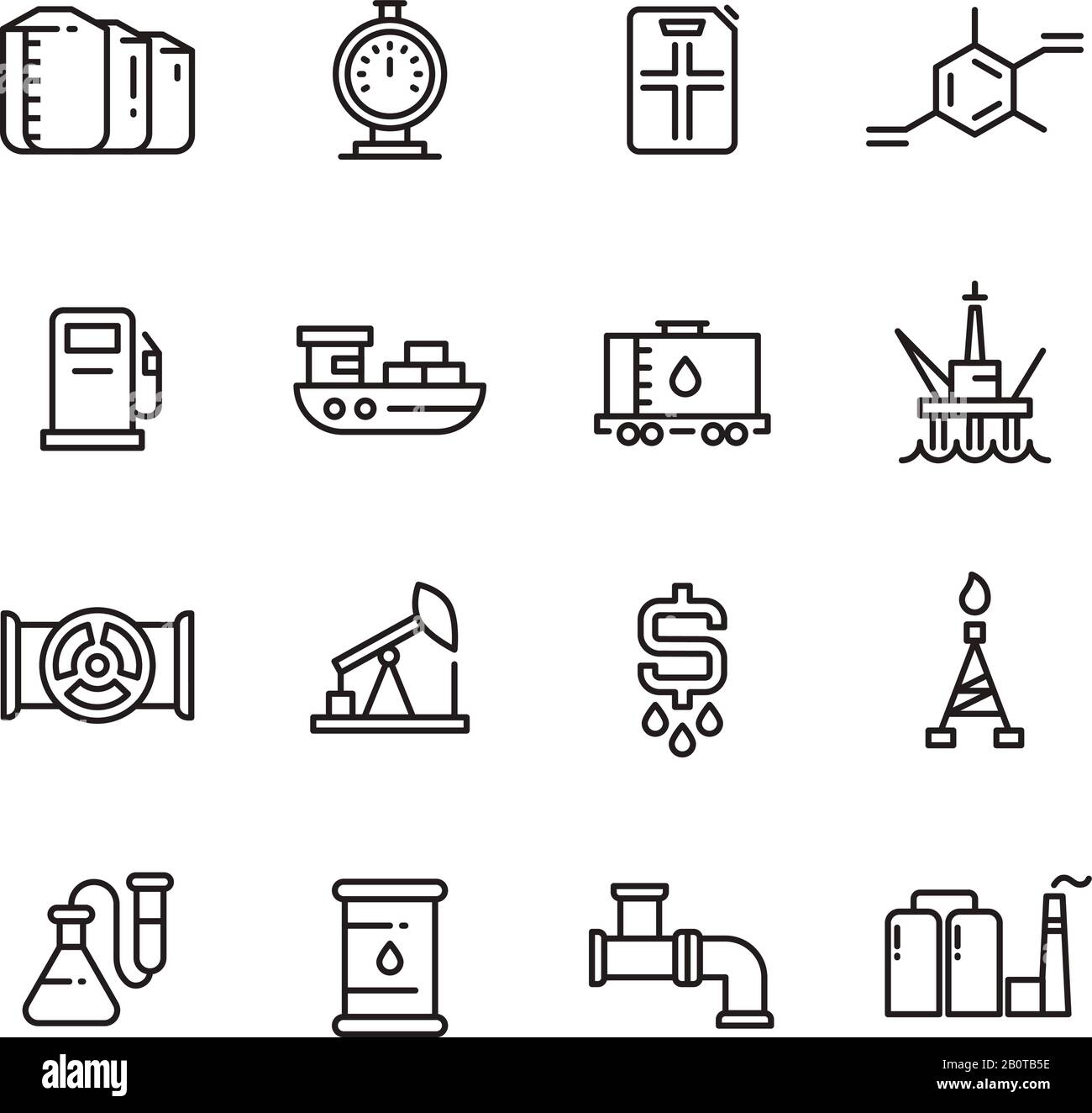 Symbole für die Vektorlinien für Öl- und Gasherstellung und Industrieanlagen. Industrieöl und Gas, Abbildung des Energieöls der Industrie Stock Vektor