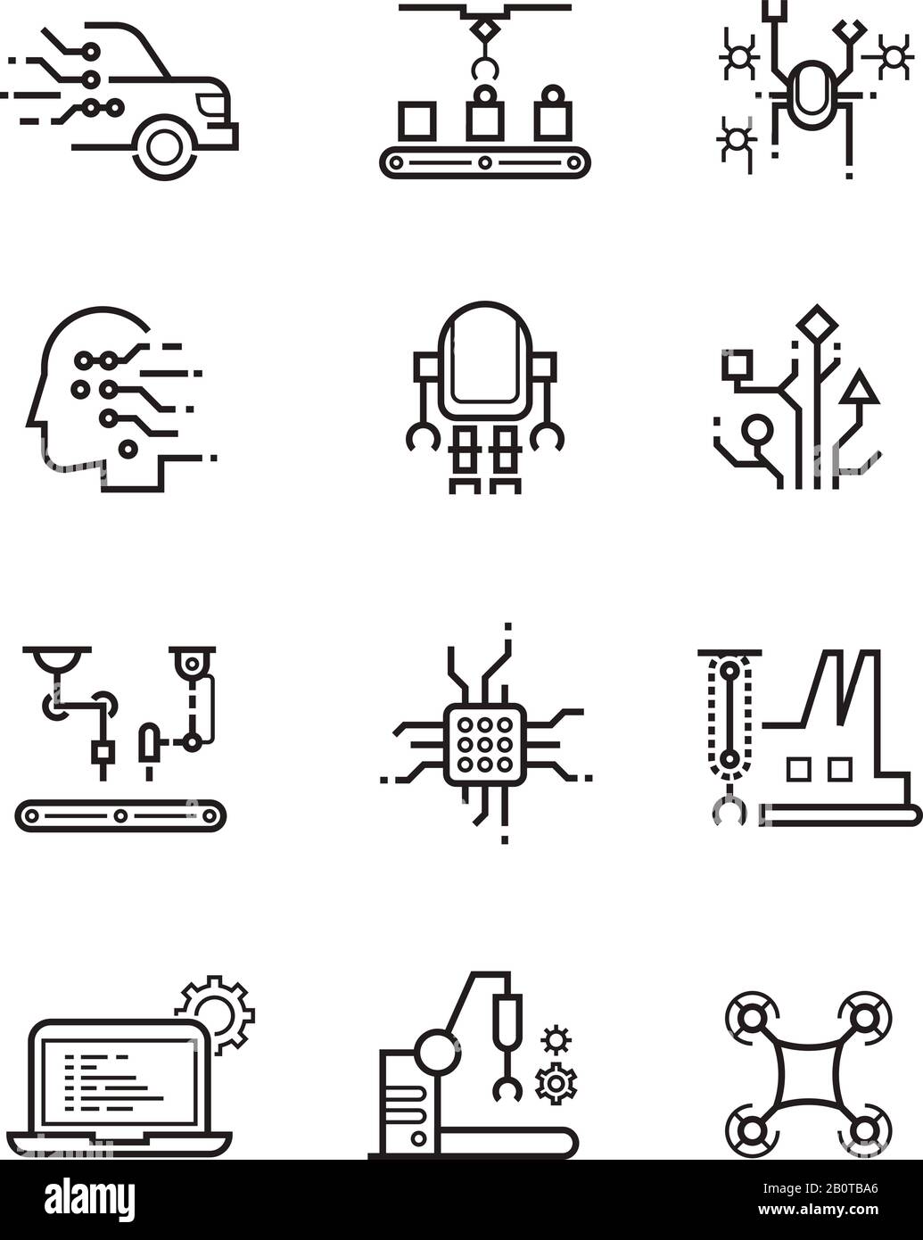 Linienvektor-Symbole für Robotertechnik und Robotermaschinen. Symbole für künstliche Intelligenz. Künstliche Roboterautomatisierung, elektronische Roboterdarstellung Stock Vektor