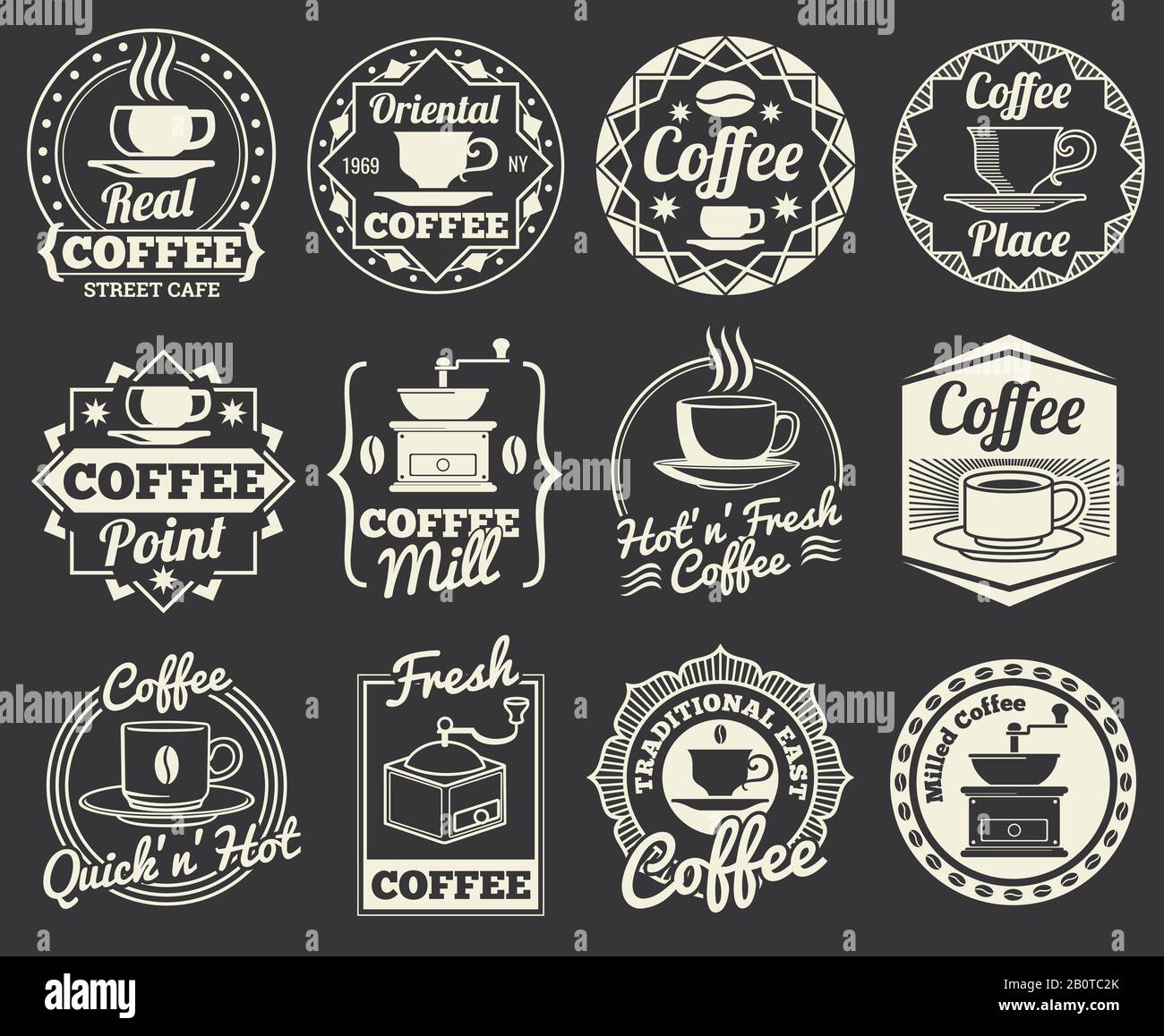 Vintage-Cafes und Café-Logos, Abzeichen und Etiketten. Emblem für Kaffeeplatz, Abbildung des Etiketts oder Logos für die Café-Bar Stock Vektor