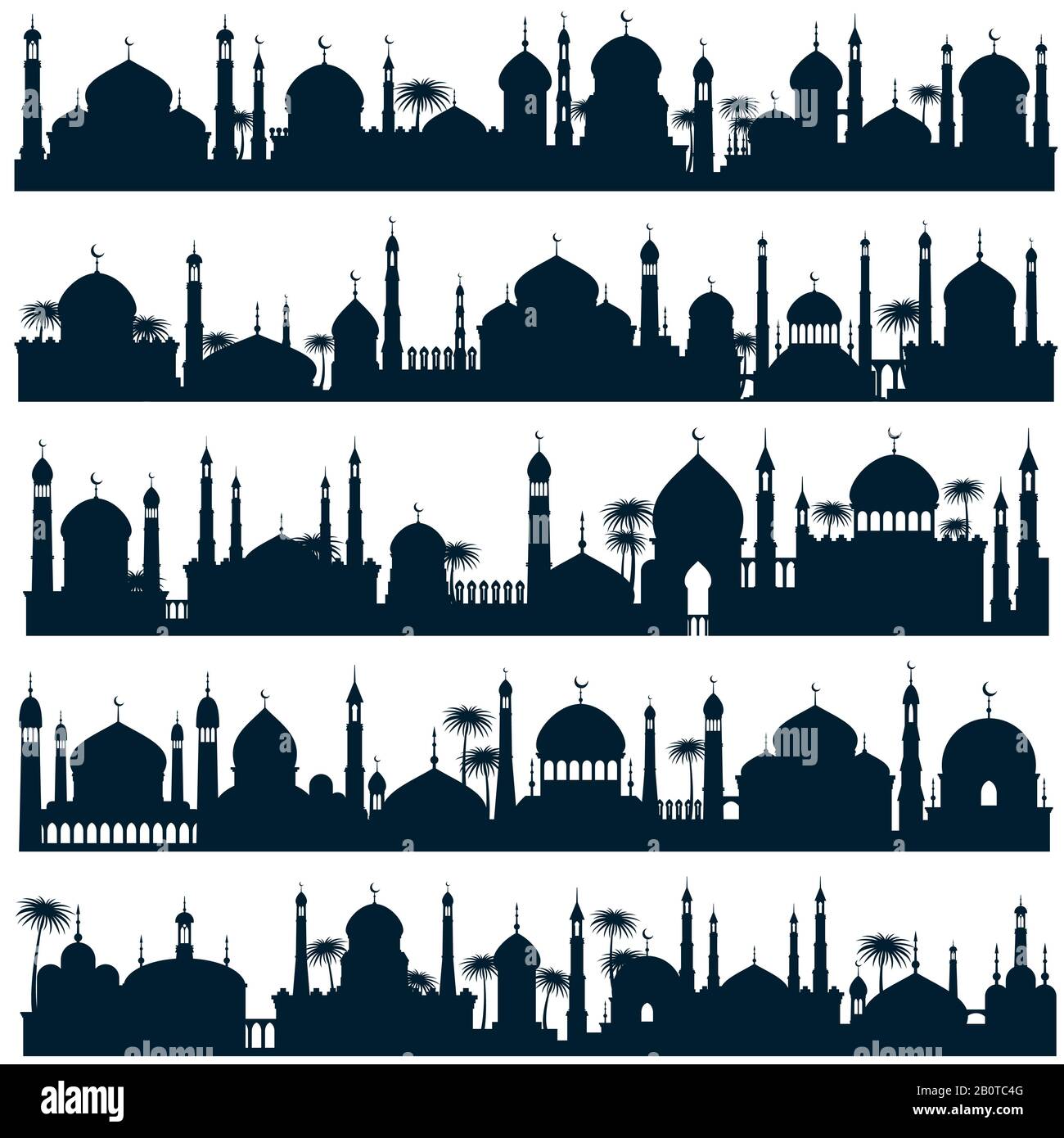 Die Skylines der islamischen Stadt mit Moschee und Minarettvektor-Silhouetten arabischer Architektur. Schwarze Silhouettenmoschee und Wahrzeichen, Illustration der silhouettenstadt des muslimischen Panoramagebäudes Stock Vektor
