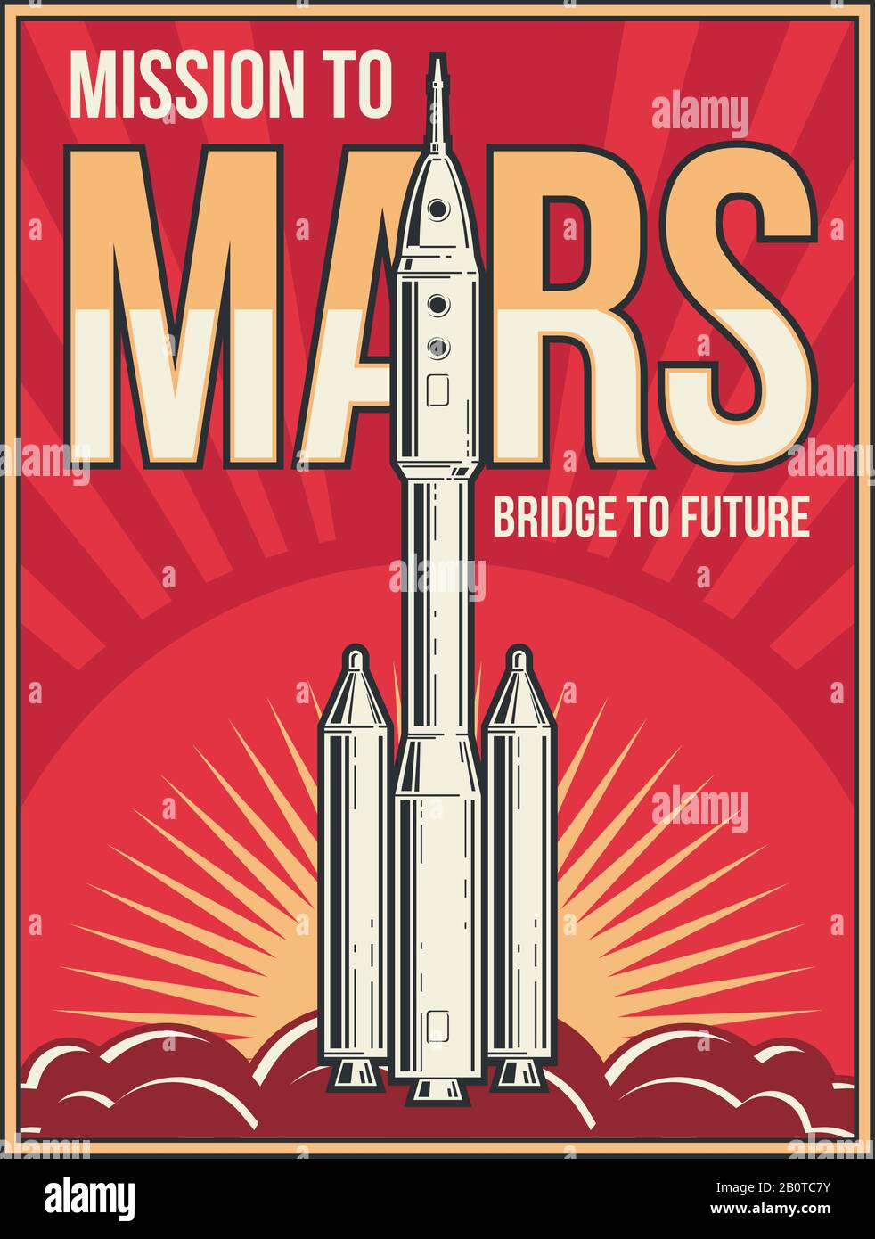 Weltraum-Reise zum Mars-Hintergrund. Universum Adventure Projekt Vector Vintage Poster. Rakete zum mars starten, Illustration des mars-mission-Plakats Stock Vektor