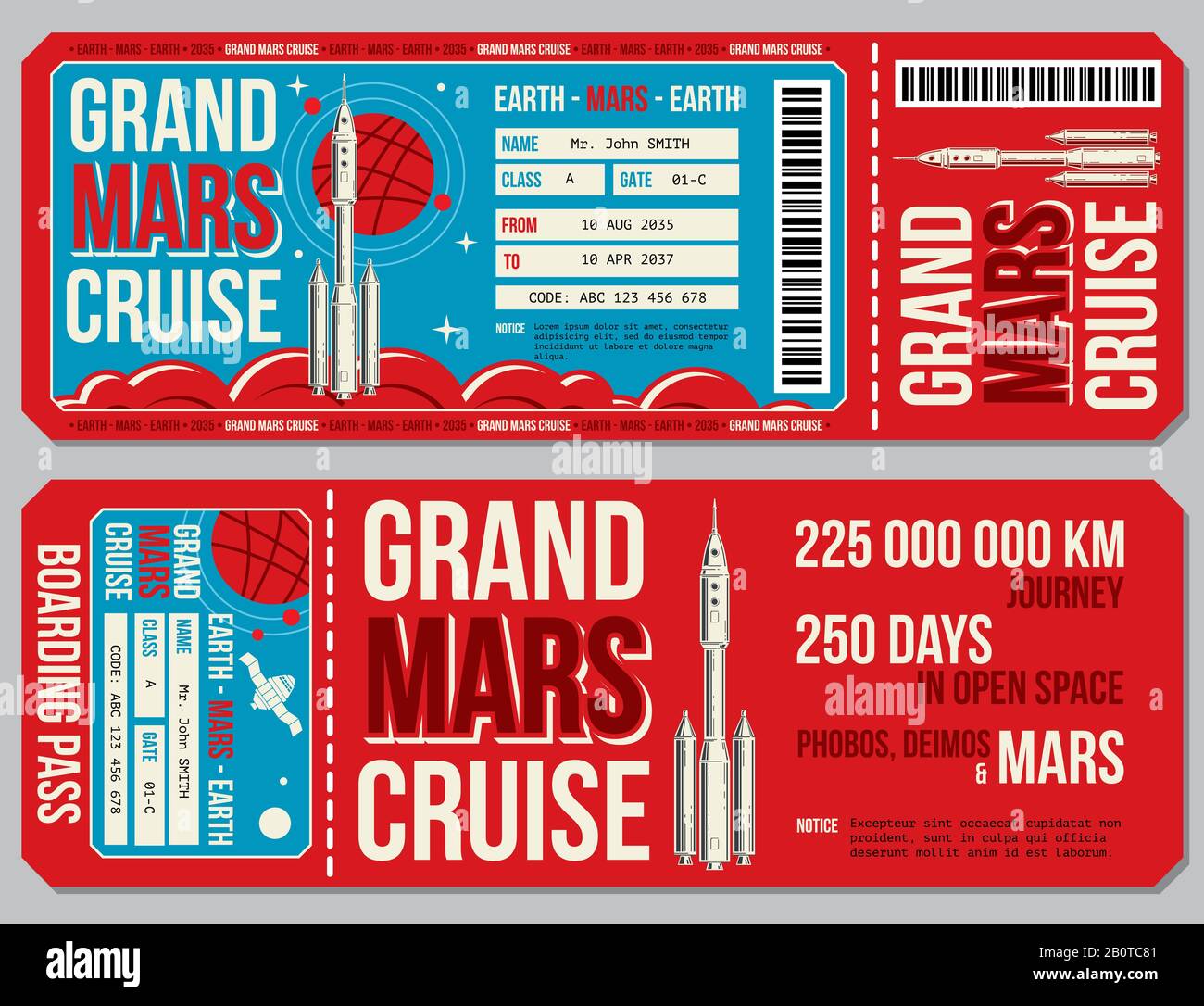 Vektorvorlage für Bordkarte für Reisen in den Weltraum. Eintrittskarten für die Reise zum Mars. Verspottete farbige Karte für Passagiere, die den mars reisen, Abbildung Stock Vektor
