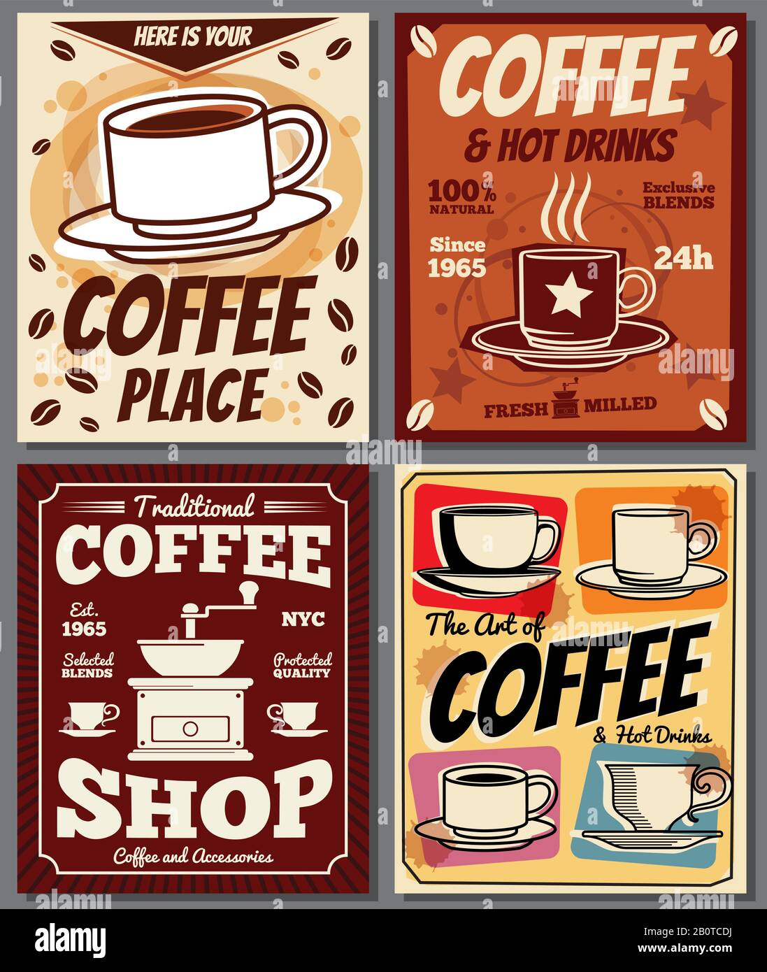 Café und Restaurant Retro Poster Vektorvorlagen mit Kaffeefleck. Banner-Menü im Coffeeshop, Abbildung des Kaffees in der Cafeteria des Vintage-Posters Stock Vektor