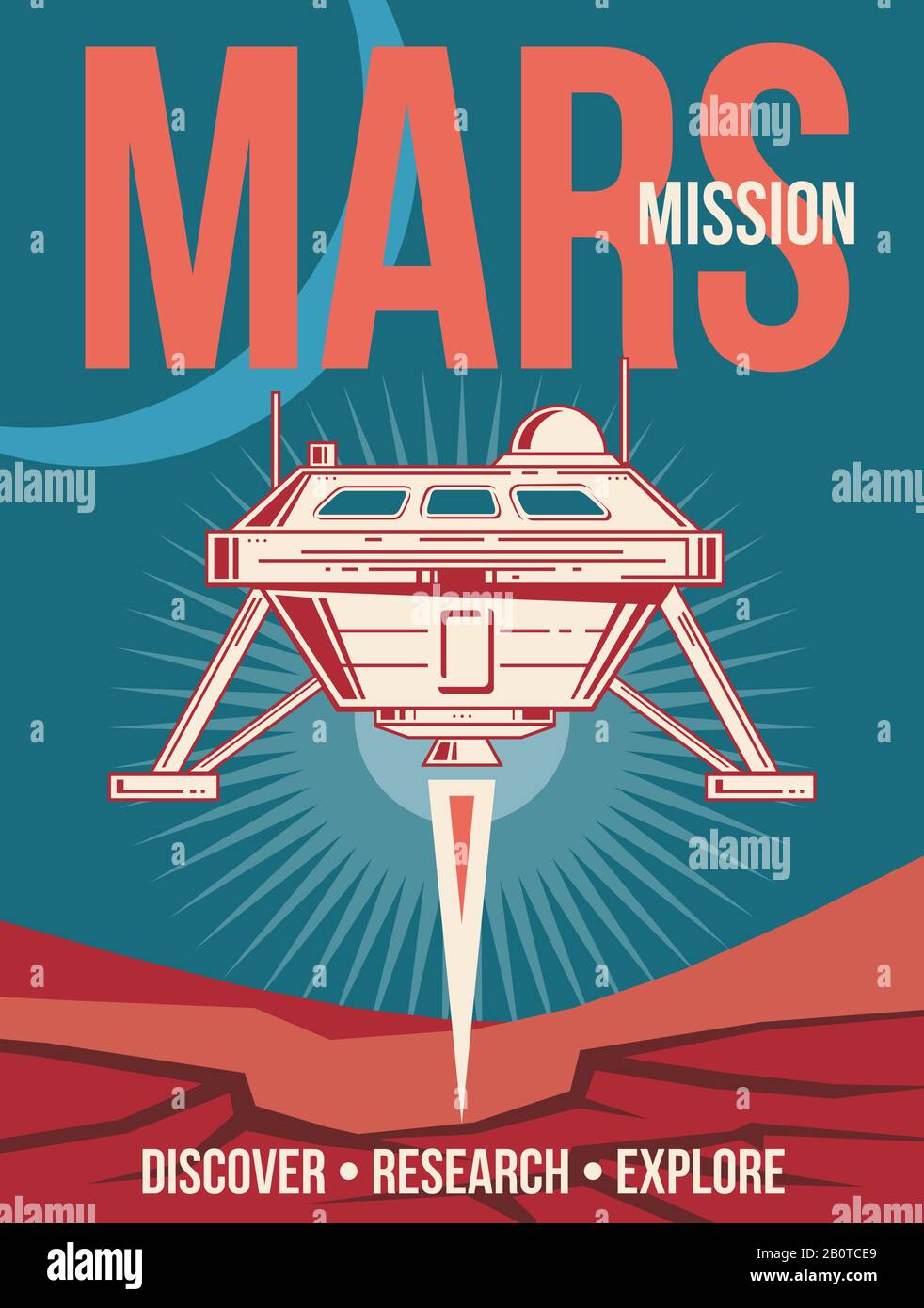 Vektorposter für die Weltraumforschung. Raumschiff Landing to Mars Vintage Background. Mars Colonization and Exploration, Illustration of Poster mars Mission Stock Vektor