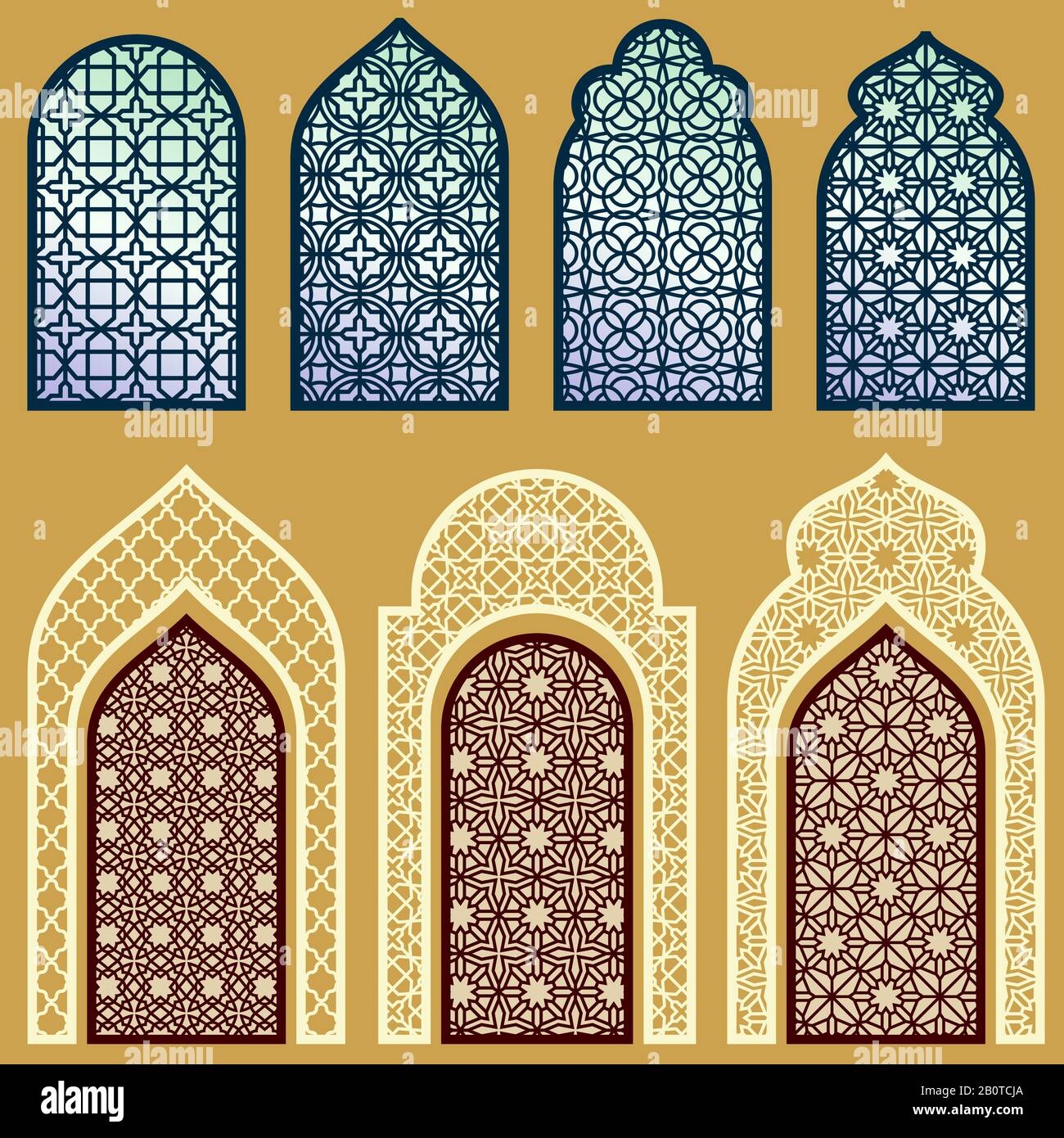 Islamische Fenster und Türen mit arabischer Kunst ornamentiert Muster Vektor gesetzt. Fenster und Tür im islamischen Stil Stock Vektor