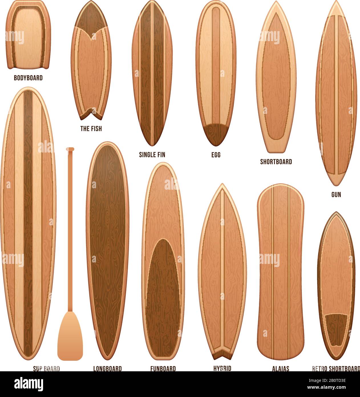 Auf weißen Vektorgrafiken isolierte Holz-Surfboards. Surfboad aus Holz für Sport, Surfbrett-Sammeldesign Stock Vektor