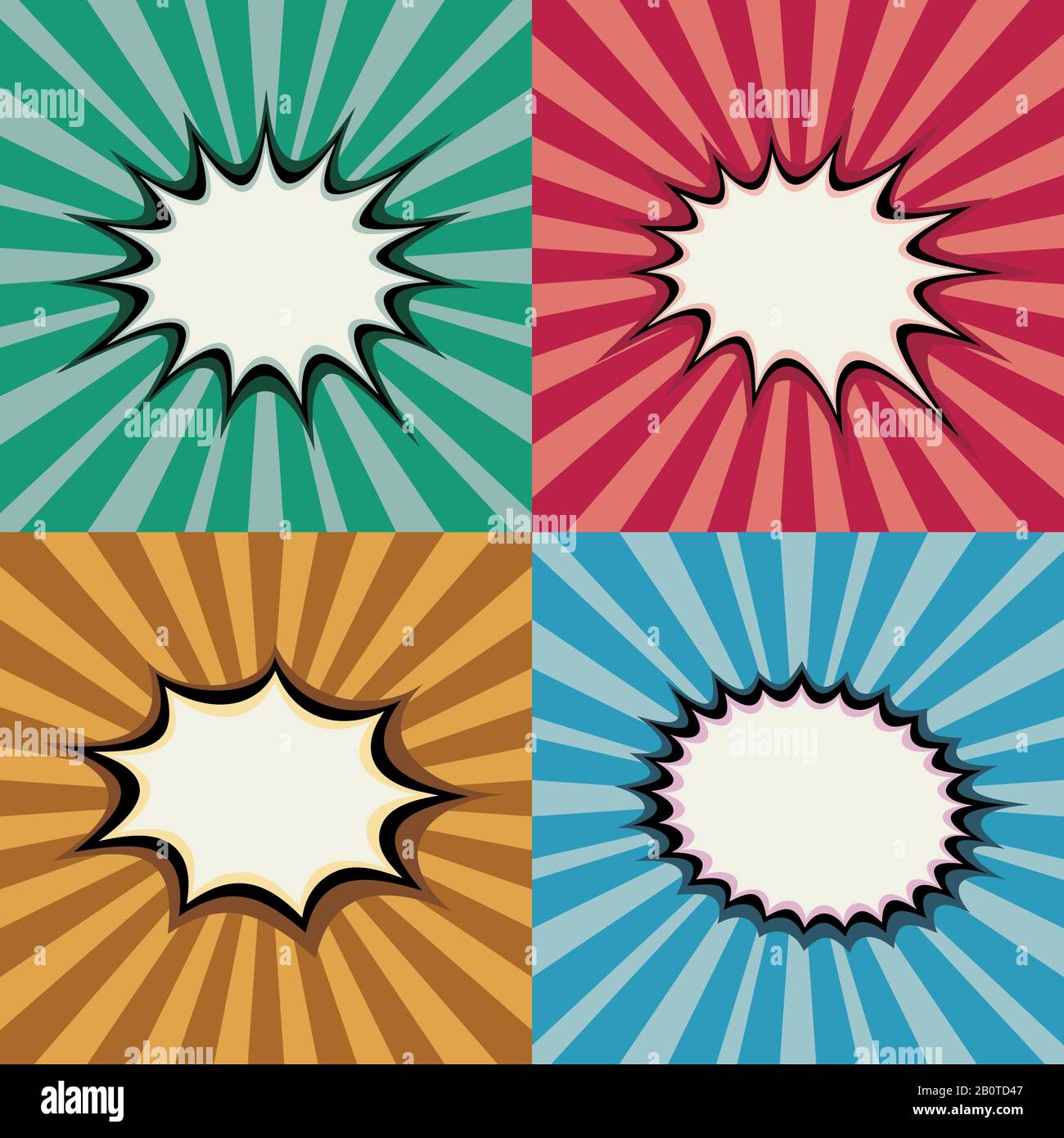 Leere Pop-Art-Sprechblasen und geplatzte Formen auf dem Hintergrundvektor des Superhelden-Sonnenuntergangs im Retro. Hintergrund Knall Burst, Abbildung der Seite mit radialem Burst Stock Vektor