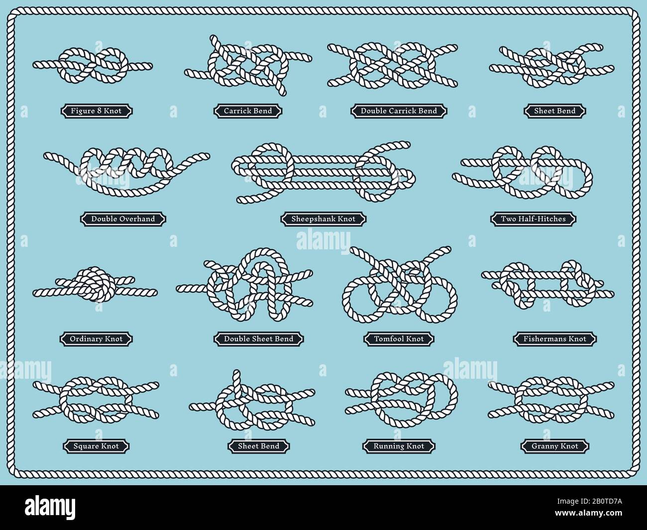 Segelseilknoten. Vektorsatz von nautischen Designelementen. Knotenseilbowline, Abbildung des dekorativen doppelten Segelknotens Stock Vektor