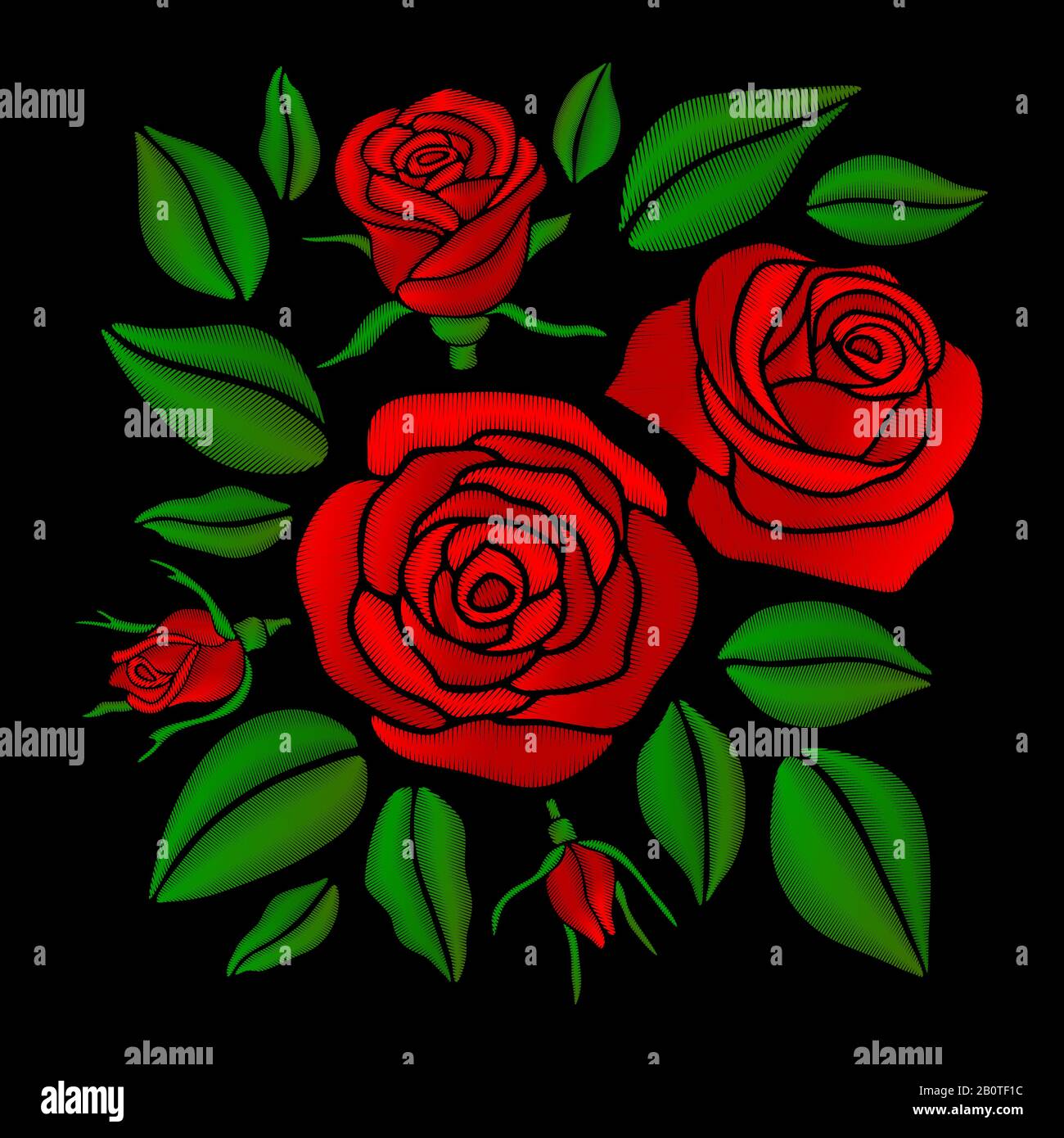 Gestickter roter Rosen-Blumen-Vektorsatz. Rote Rose auf Schwarz, Illustration von Rosenbblütenstickerei Stock Vektor