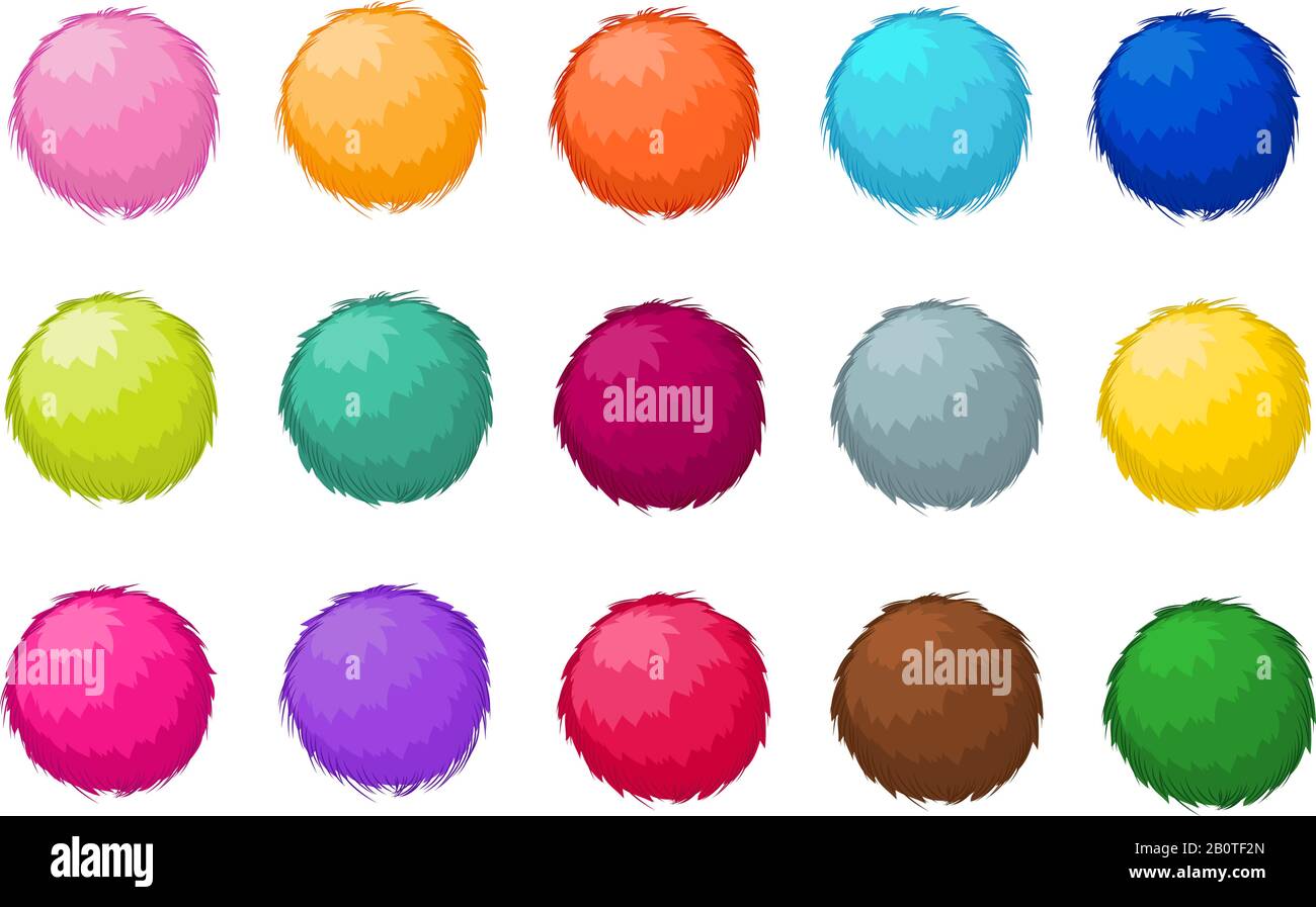 Bunte flauschige pompöse Fellkugeln isolierter Vektorsatz. Flauschiger Pompom-Ball, Illustration von farbigem weichem Pompom Stock Vektor