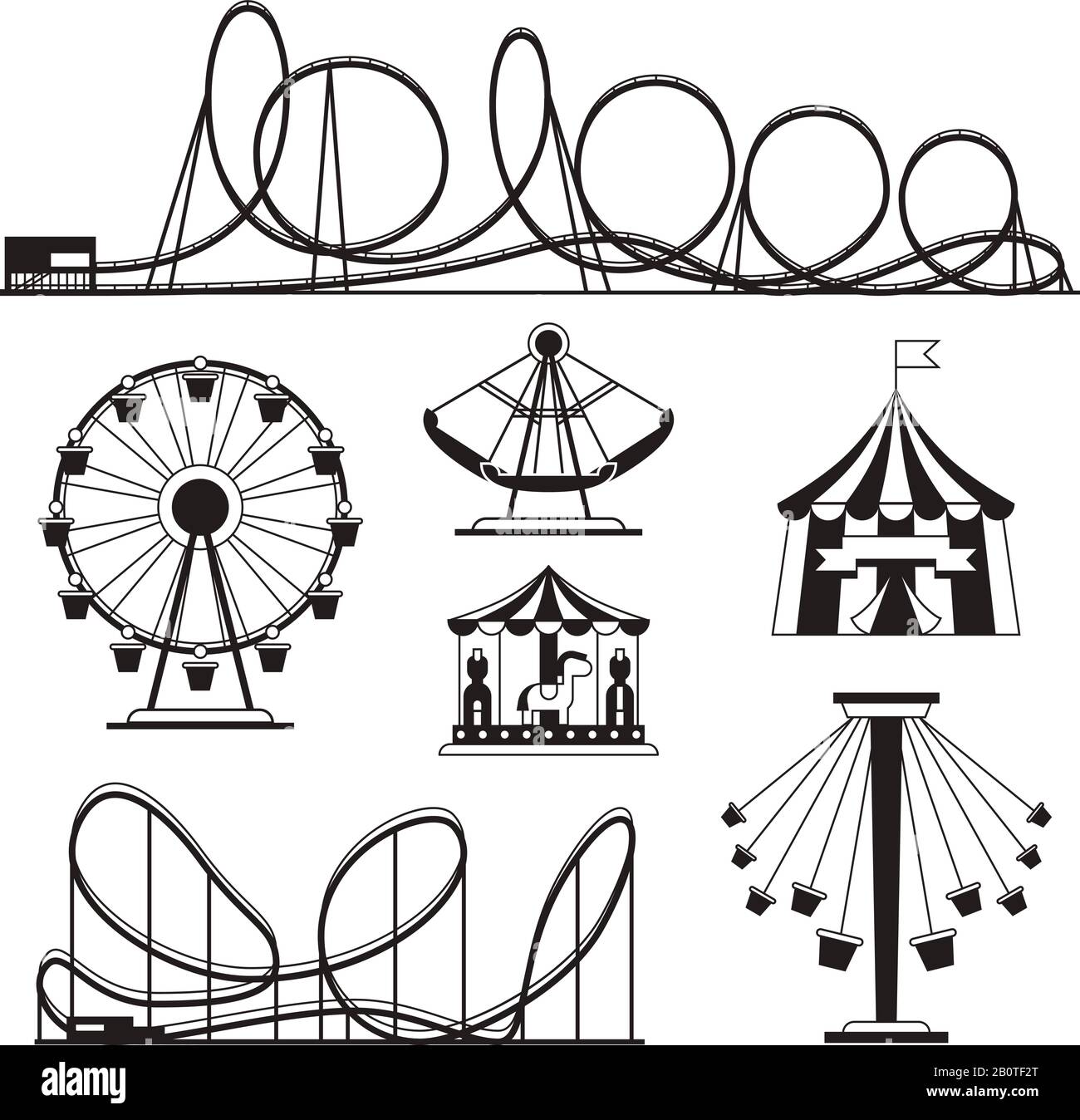 Vergnügungspark, Achterbahnen und Karussellvektor-Symbole. Illustration der Attraktionen von Festival und Achterbahn Stock Vektor