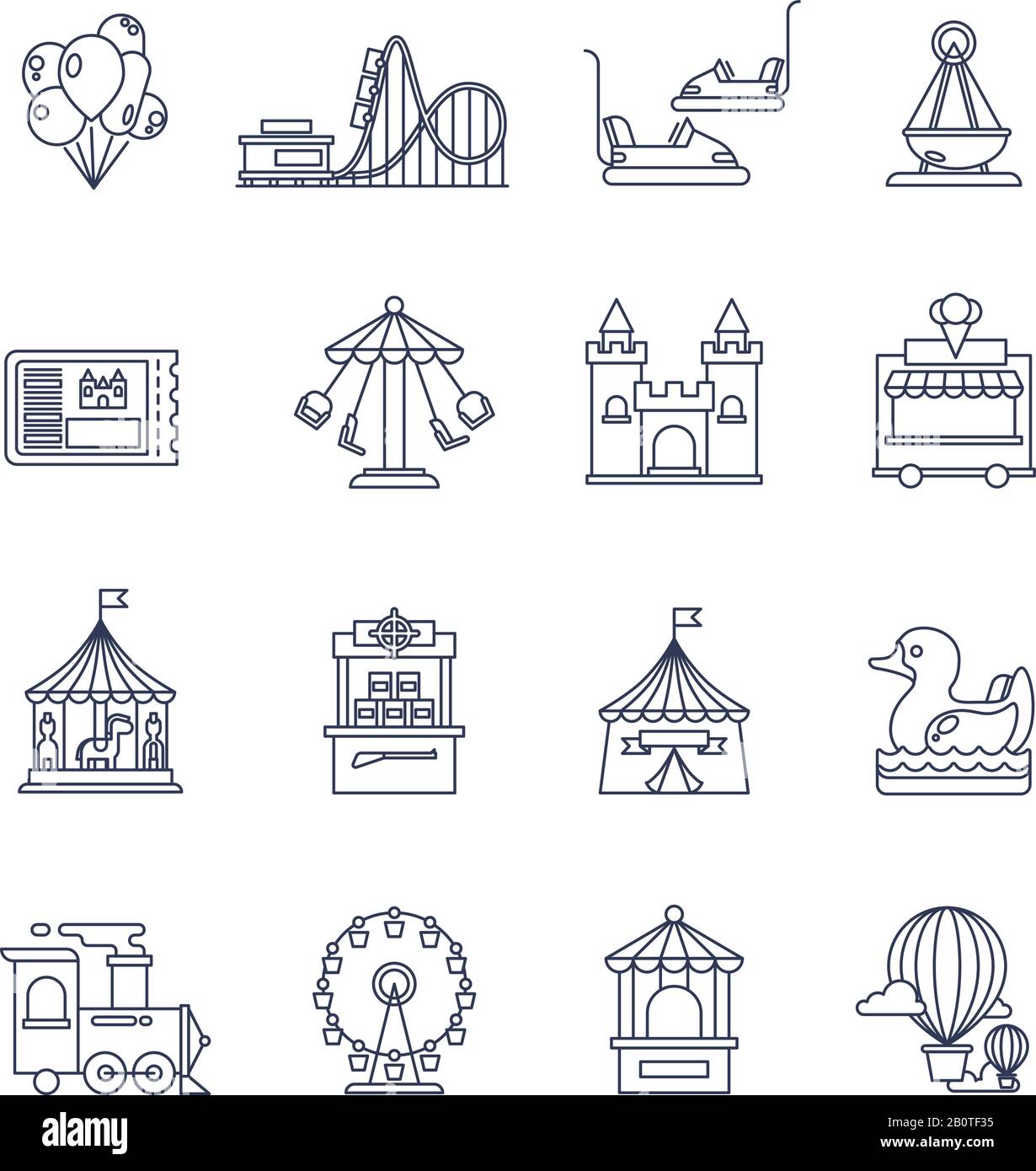 Luna Park-Vektor-Symbole für Vergnügungslinien. Attraktionen Set Icons, Sammlung von Vergnügungssymbolen Zug und Schloss, Ferris Rad Illustration Stock Vektor