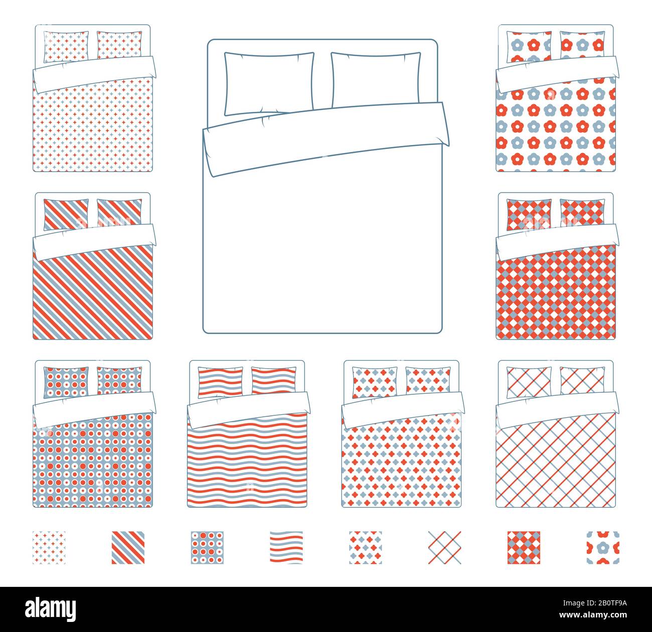 Bettwäsche und Bettwaren, Federvektor-Textil-Muster Vorlage. Decke mit Textilmuster, Abbildung des Stoffbedecktuchs für das Bett Stock Vektor