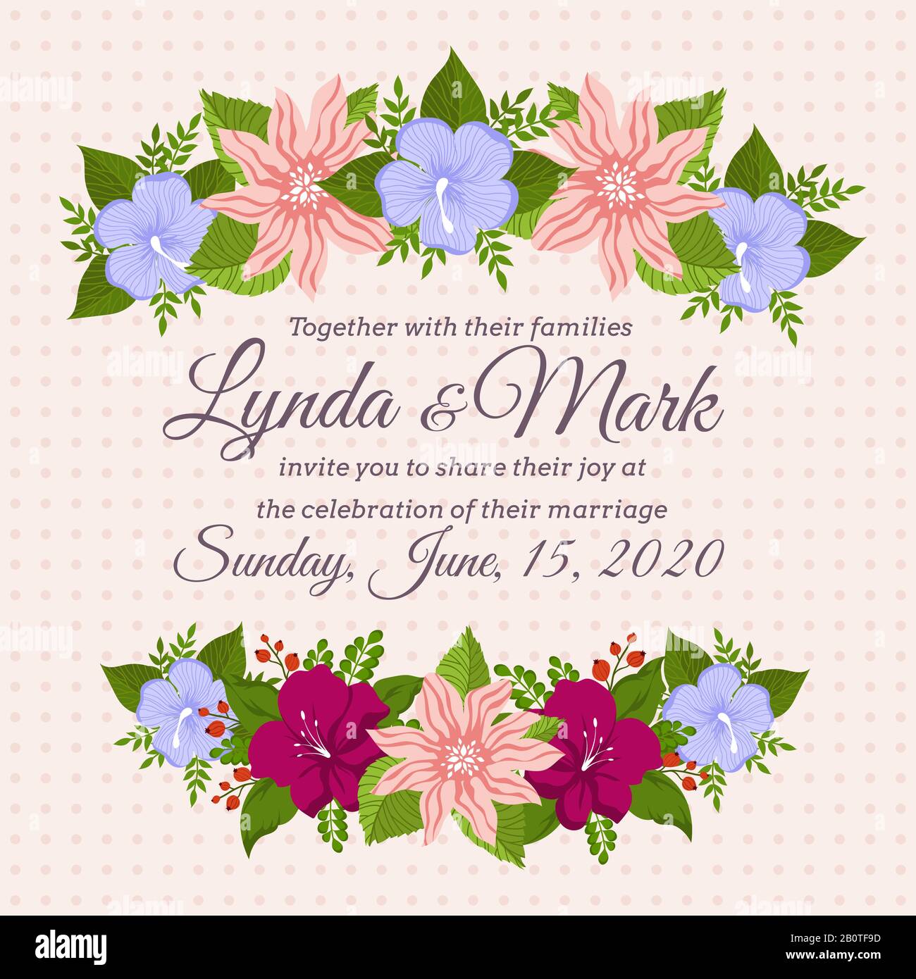 Blumenmuster mit Sommerblumen. Vektor-Vorlage für die Einladungskarte zur Hochzeit im Vintage-Stil Dekoration Blumen Rahmen, Einladung Karte zur Feier Hochzeit Illustration Stock Vektor